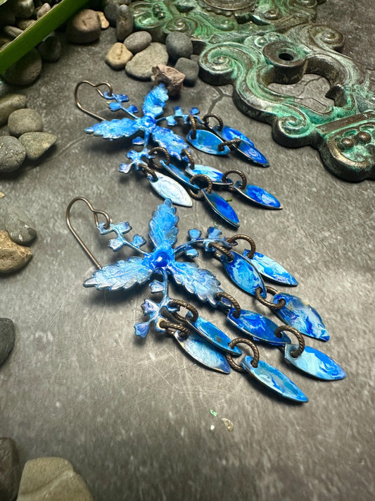 Wisteria Petals Earrings- Handmade Beaten Solid Brass - Blue Patina