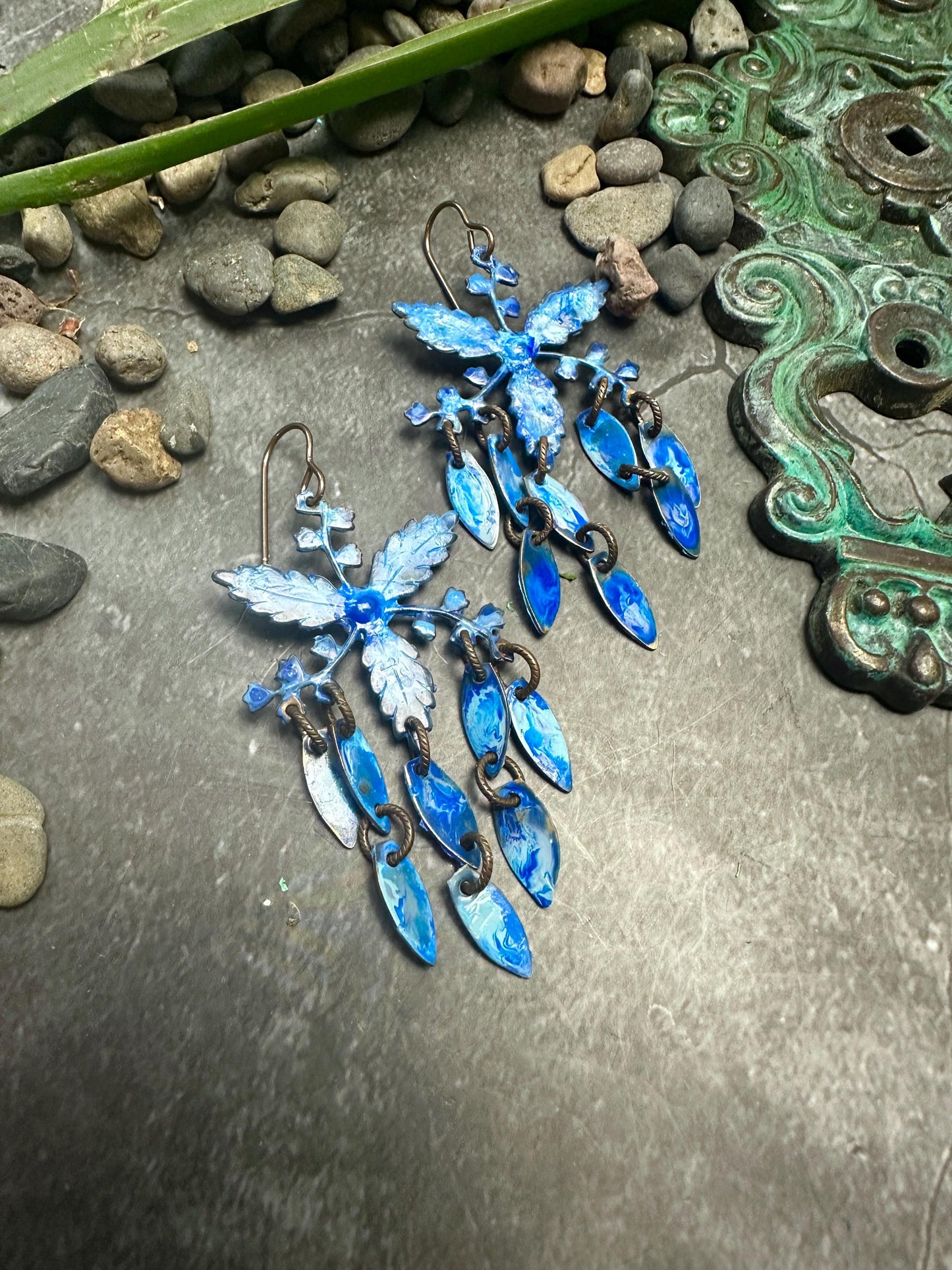 Wisteria Petals Earrings- Handmade Beaten Solid Brass - Blue Patina