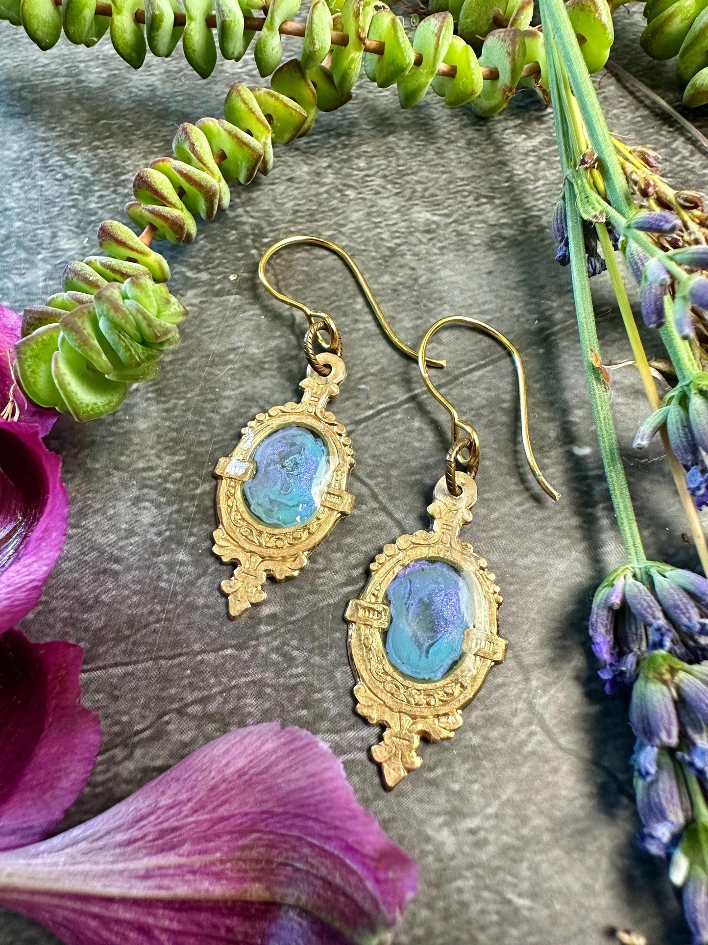 Gilded Pool Iridescent Earrings- Hand Beaten Brass with Hand Colored Resin- Blue