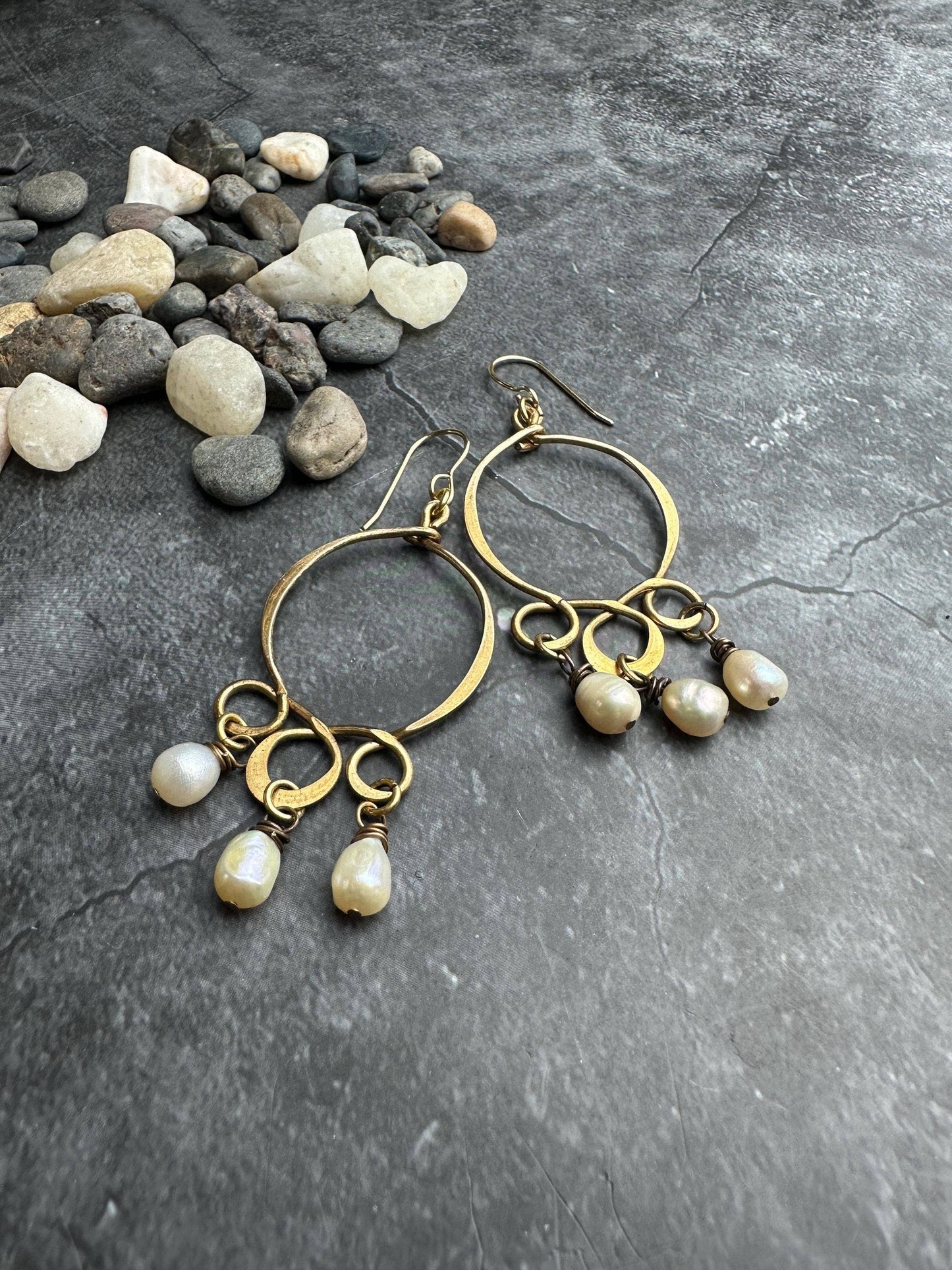 Formed & Hammered Wire Natural Pearl Earrings - Solid Brass