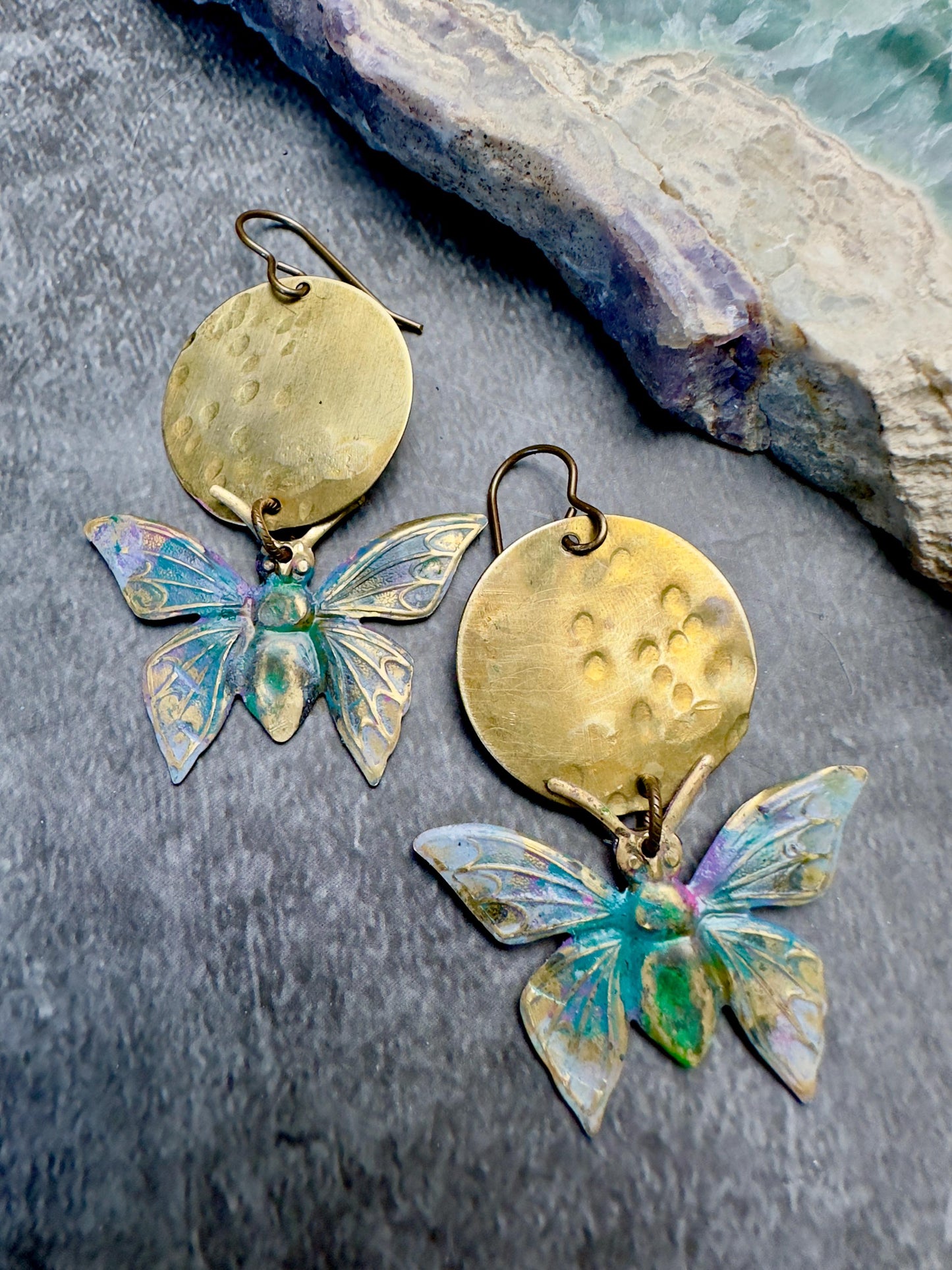 Lunar Butterfly Earrings- Handmade Solid Beaten Brass Hand Patina