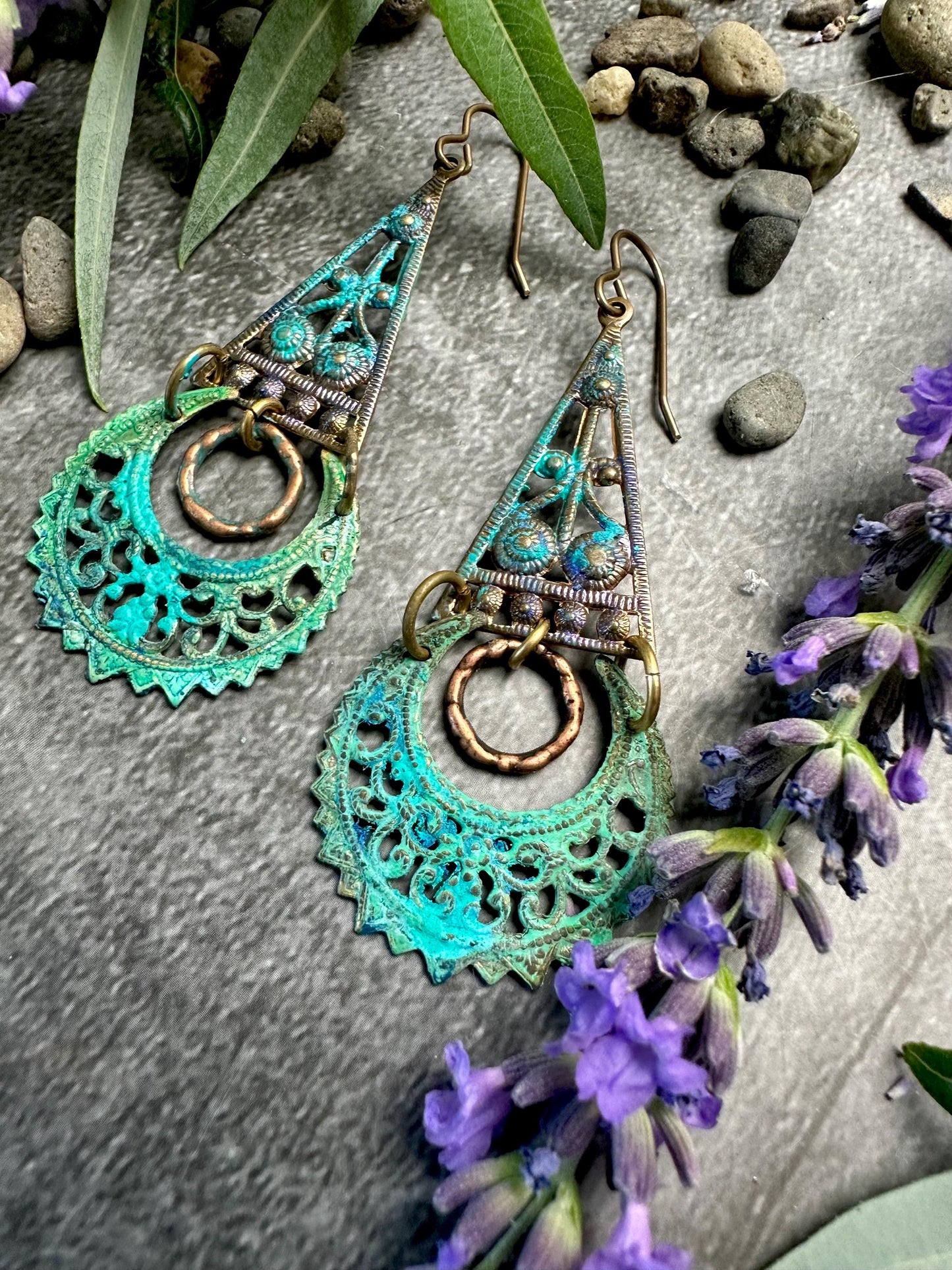 Verdigris Filigree Moon Earrings- Handmade Solid Brass Green Blue Hand Patina