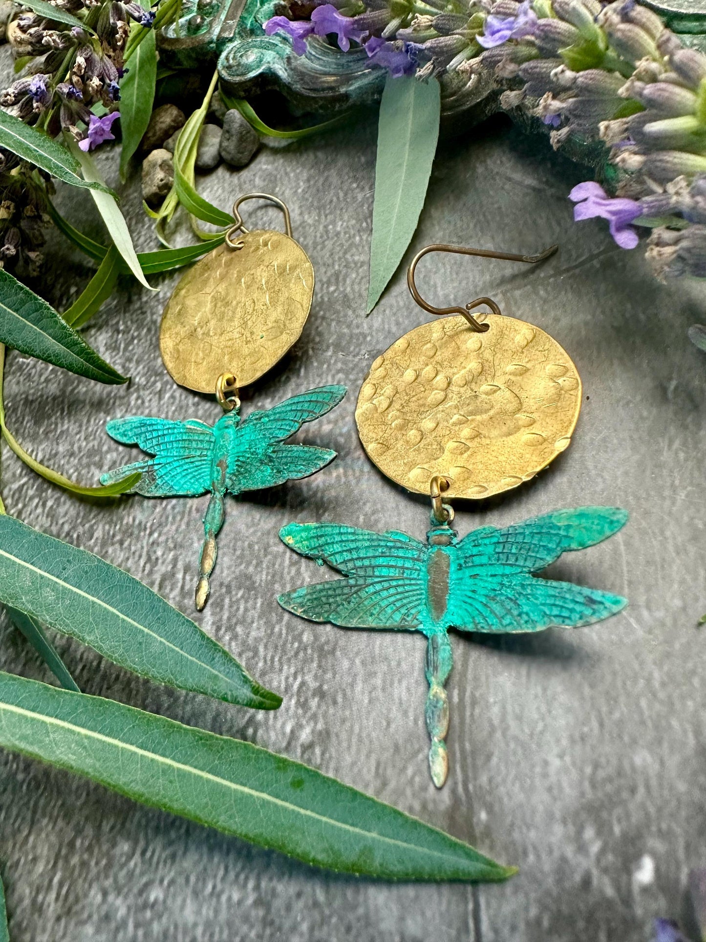 Dragonfly Sun Earrings- Handmade Solid Beaten Brass Hand Patina