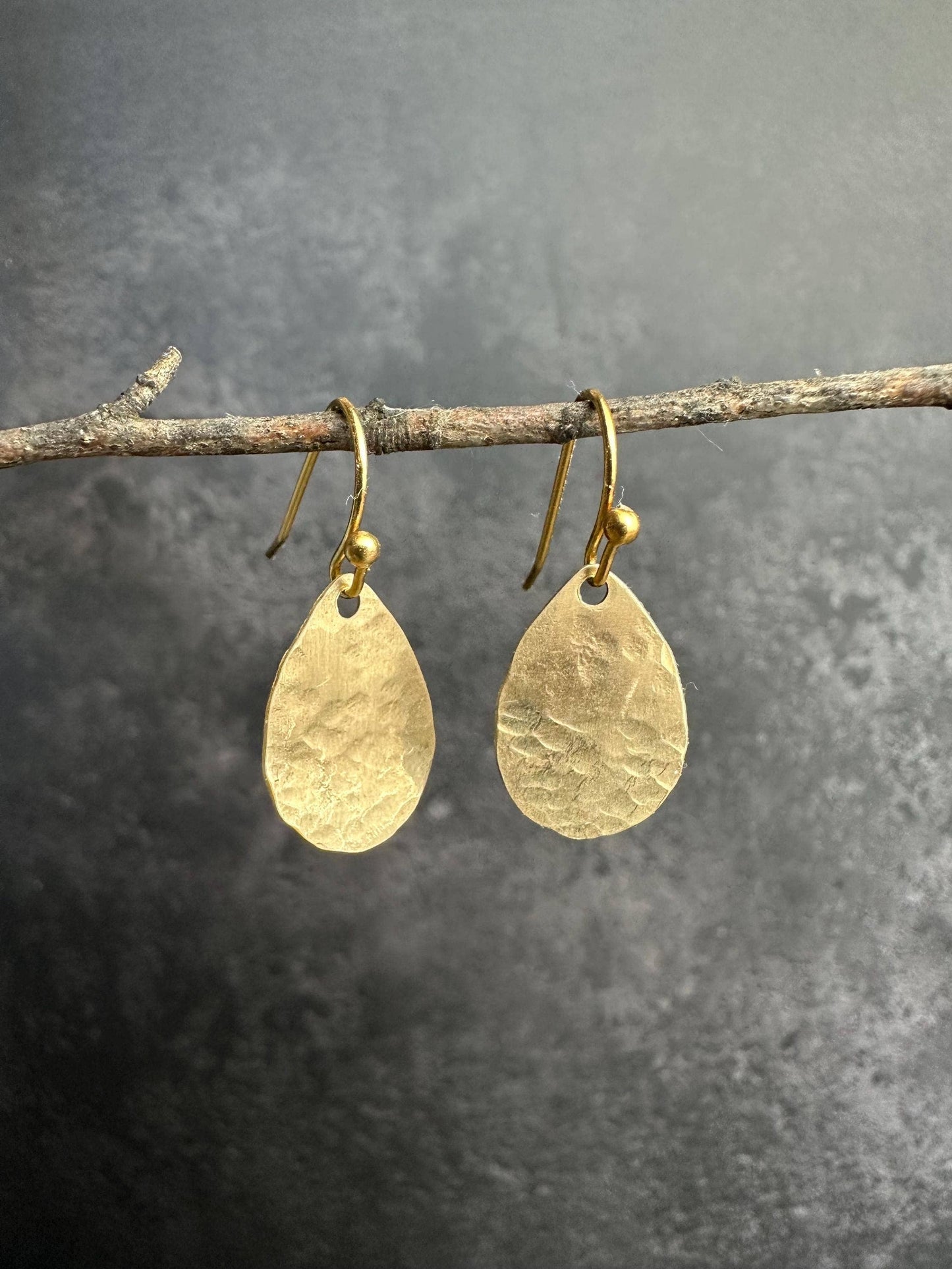Shimmering Tear Drop Beaten Brass Earrings -