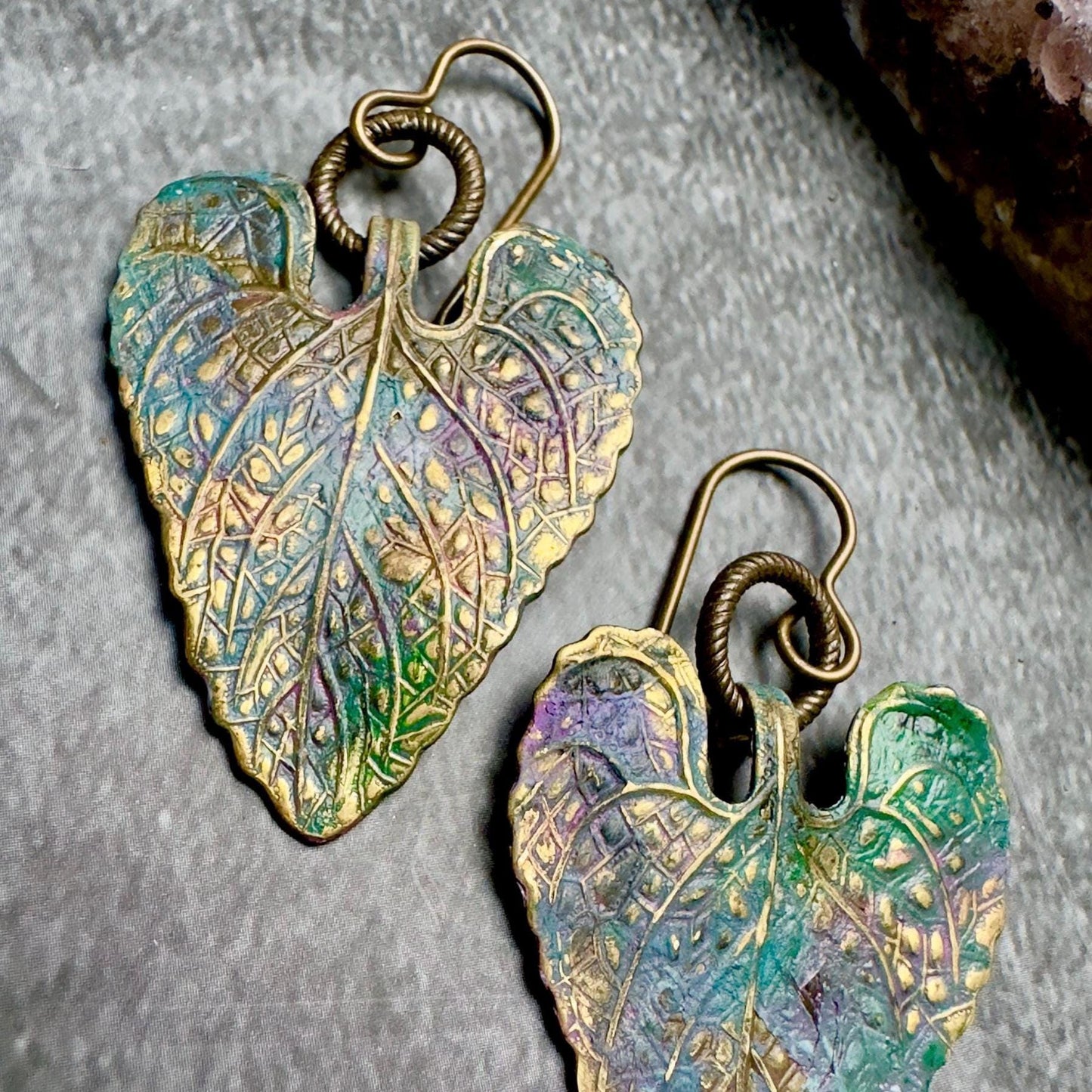 Dicentra Leaf Earrings- Handmade Heart Shaped Solid Beaten Brass Iridescent Hand Patina