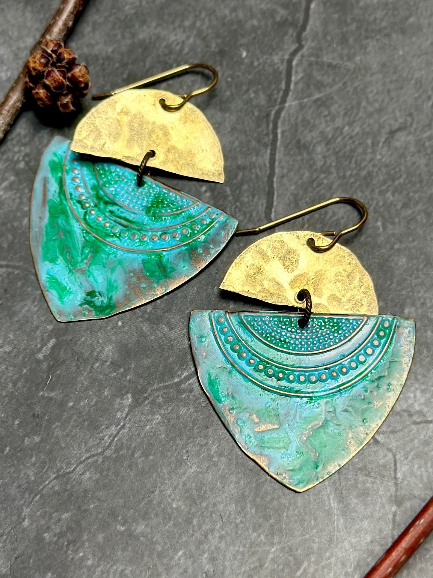 Geometric Tribal Modern Talisman Earrings - Bohemian Southwest Handmade Solid Hammered Brass Blue Green Hand Patina