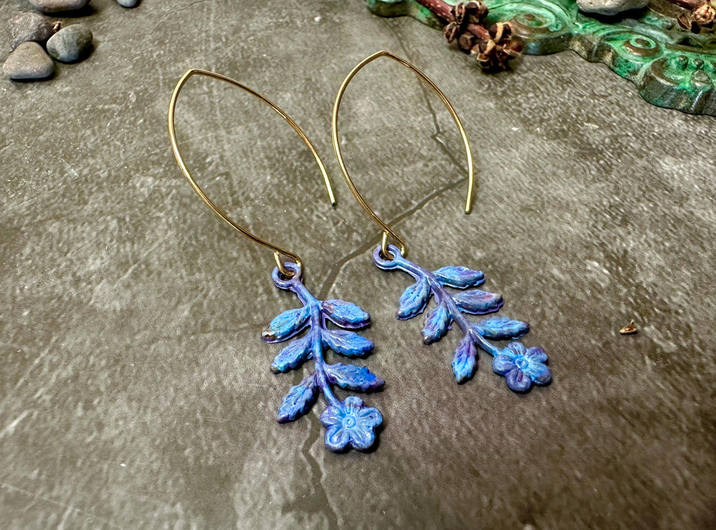 Floral Sprig Charm Earrings Garden Fairy - Handmade Solid Brass Purple Hand Patina