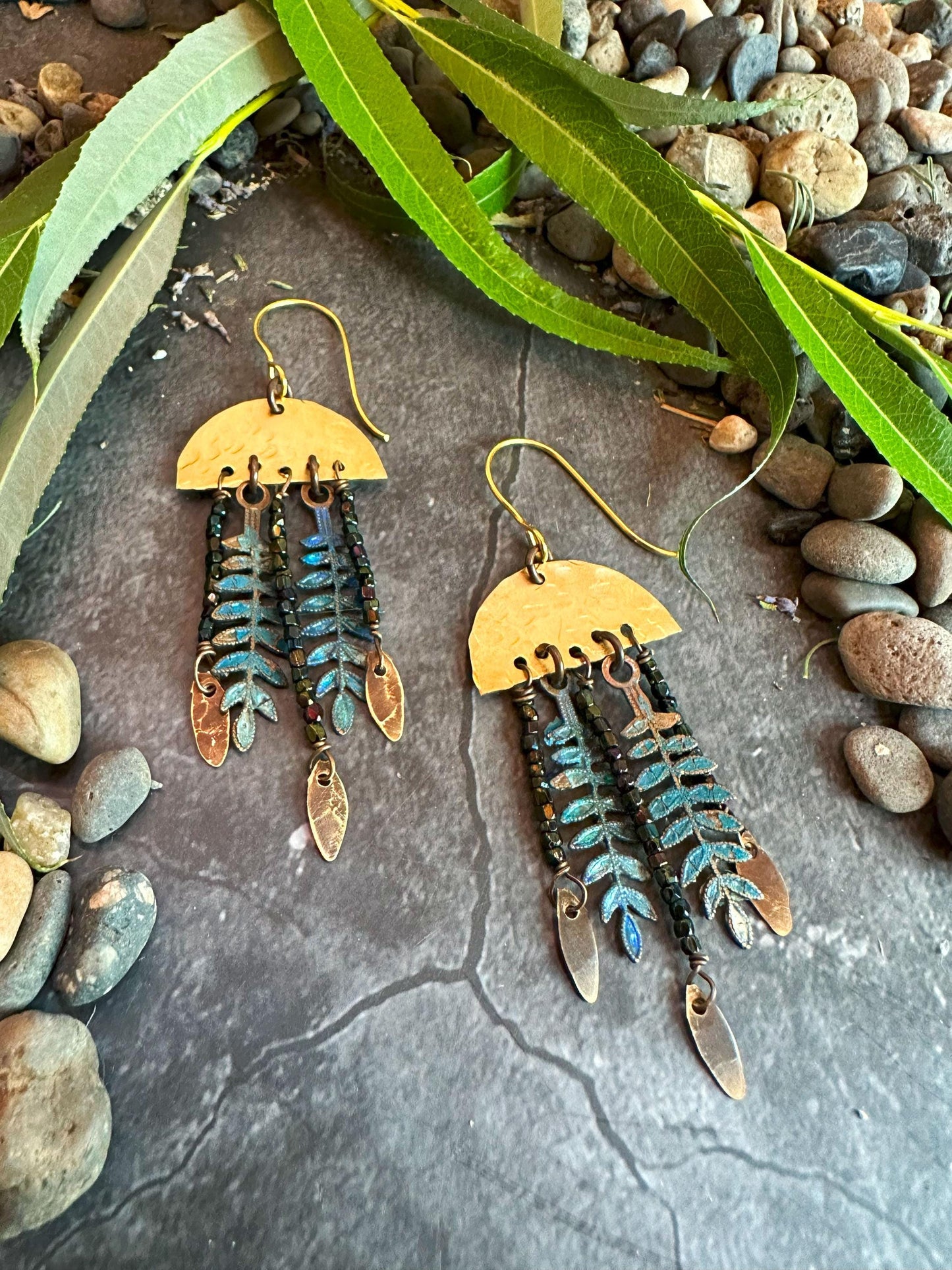 Midnight Fern Fringe Earrings - Handmade Solid Beaten Brass Beaded Hand Patina