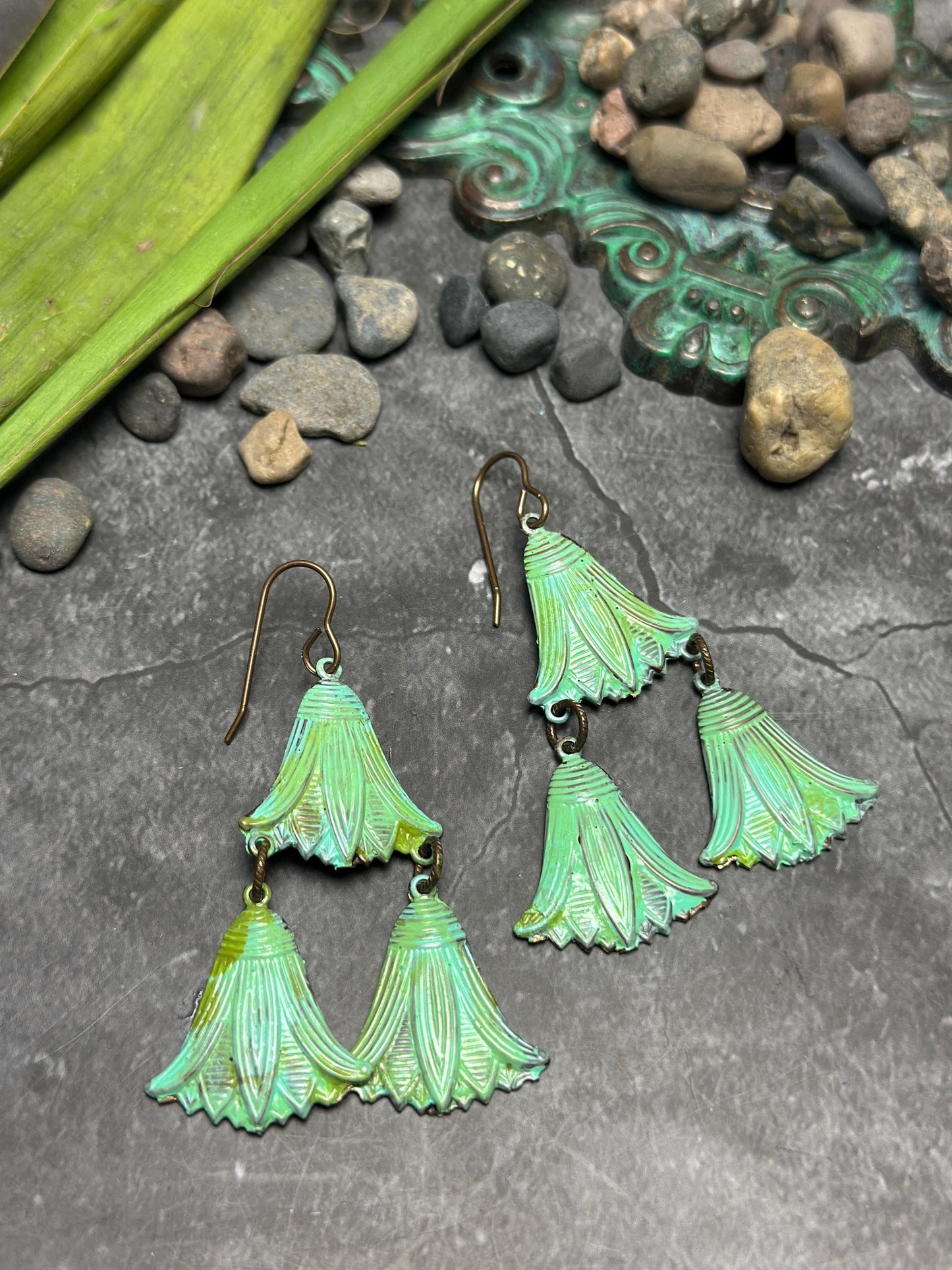 Lotus Drops Earrings- Handmade Beaten Solid Brass- Green Patina