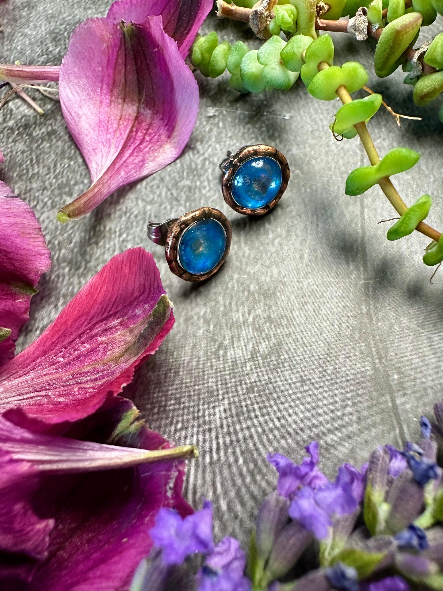 Moon Beam Post Earrings - Handmade Iridescent Hand Colored Resin- blue