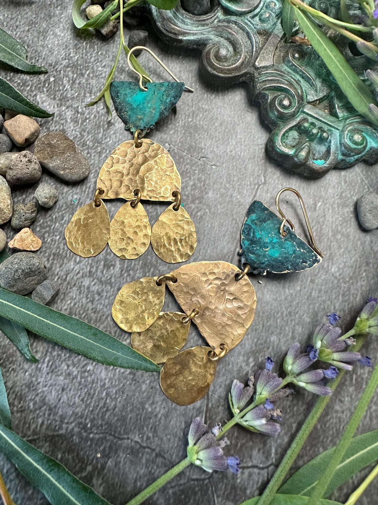 Goddess Tears Earrings - Handmade Solid Beaten Brass Hand Patina