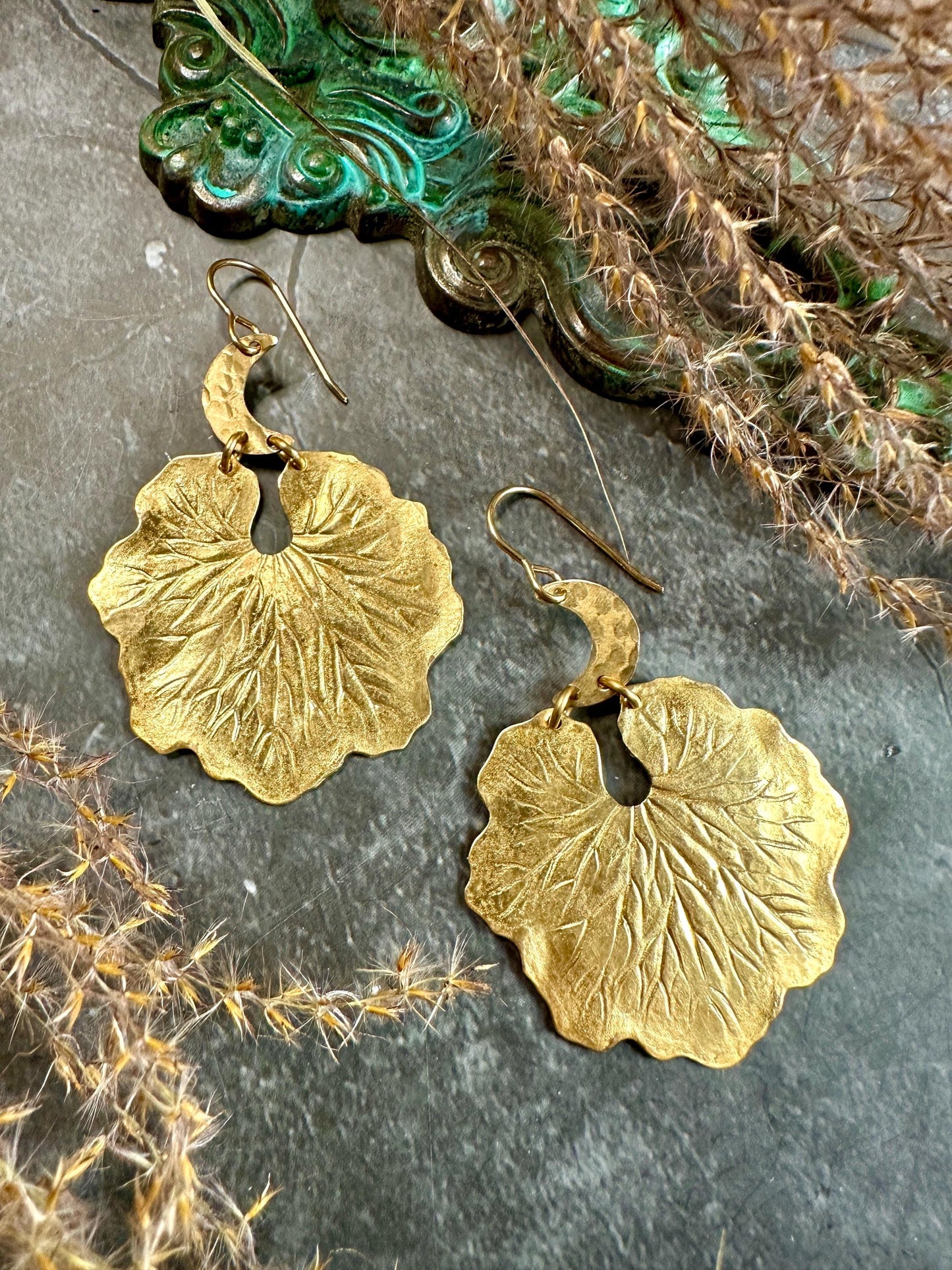 Crescent Moon Lilypad Leaf Earrings- Nouveau Handmade Beaten Solid Brass