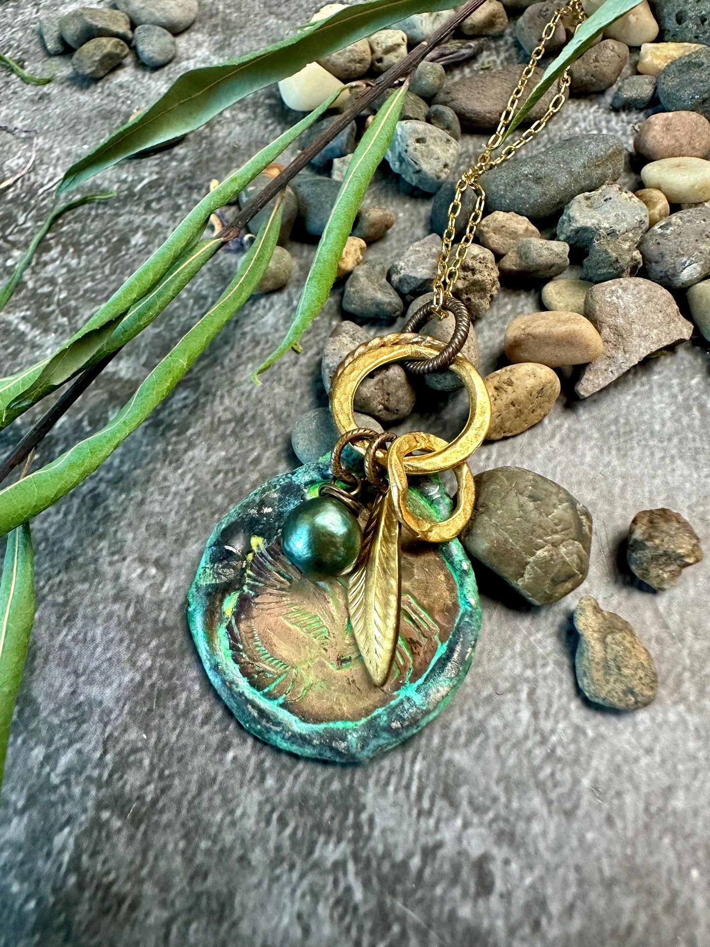 Pegasus Coin Necklace - Hand Soldered Beaten Brass Fresh water Pearl Hand Patina