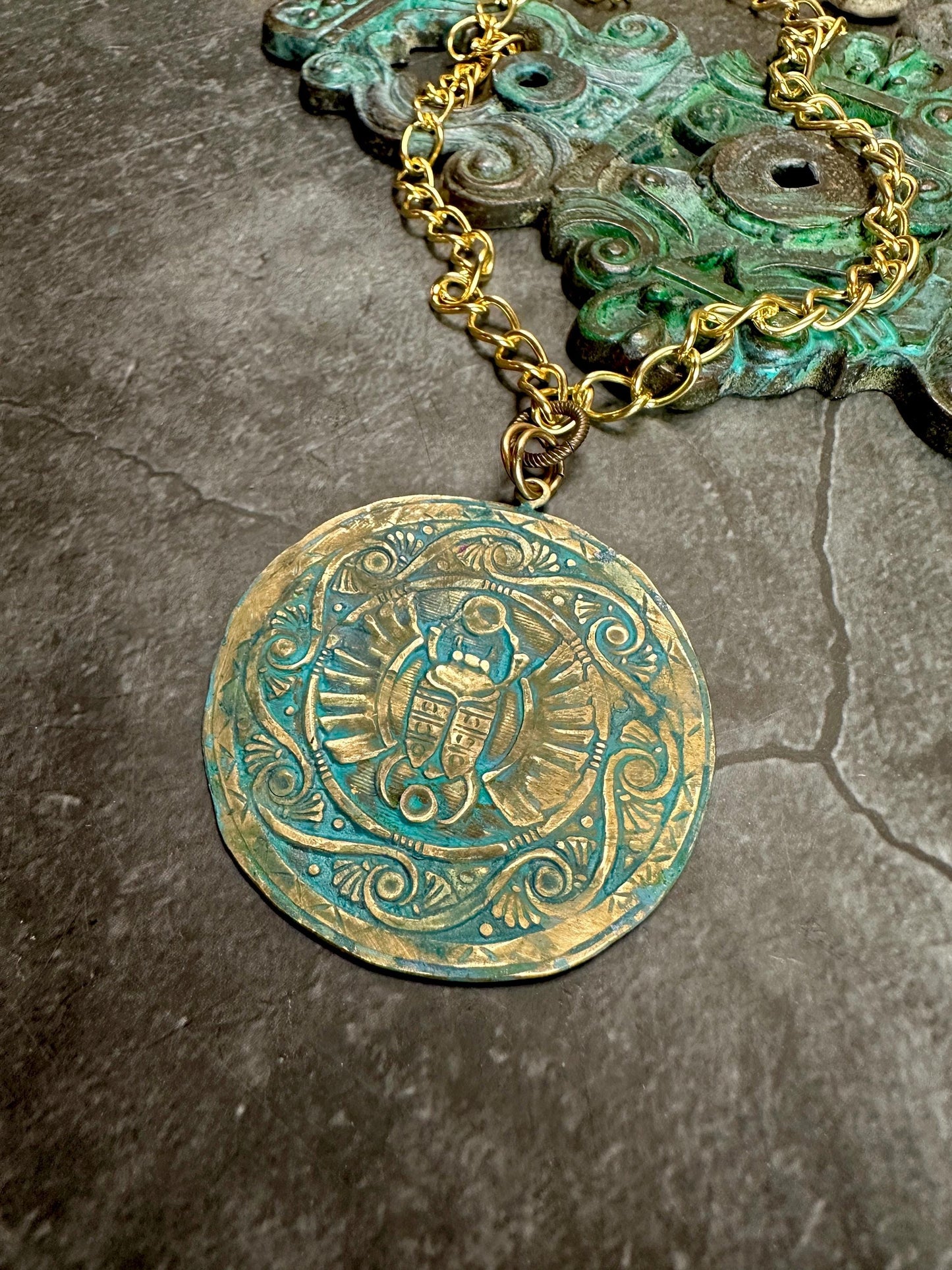Ancient Scarab Egypt Medallion Necklace - Handmade Solid Beaten Hammered Brass Green Ox Hand Patina Finish