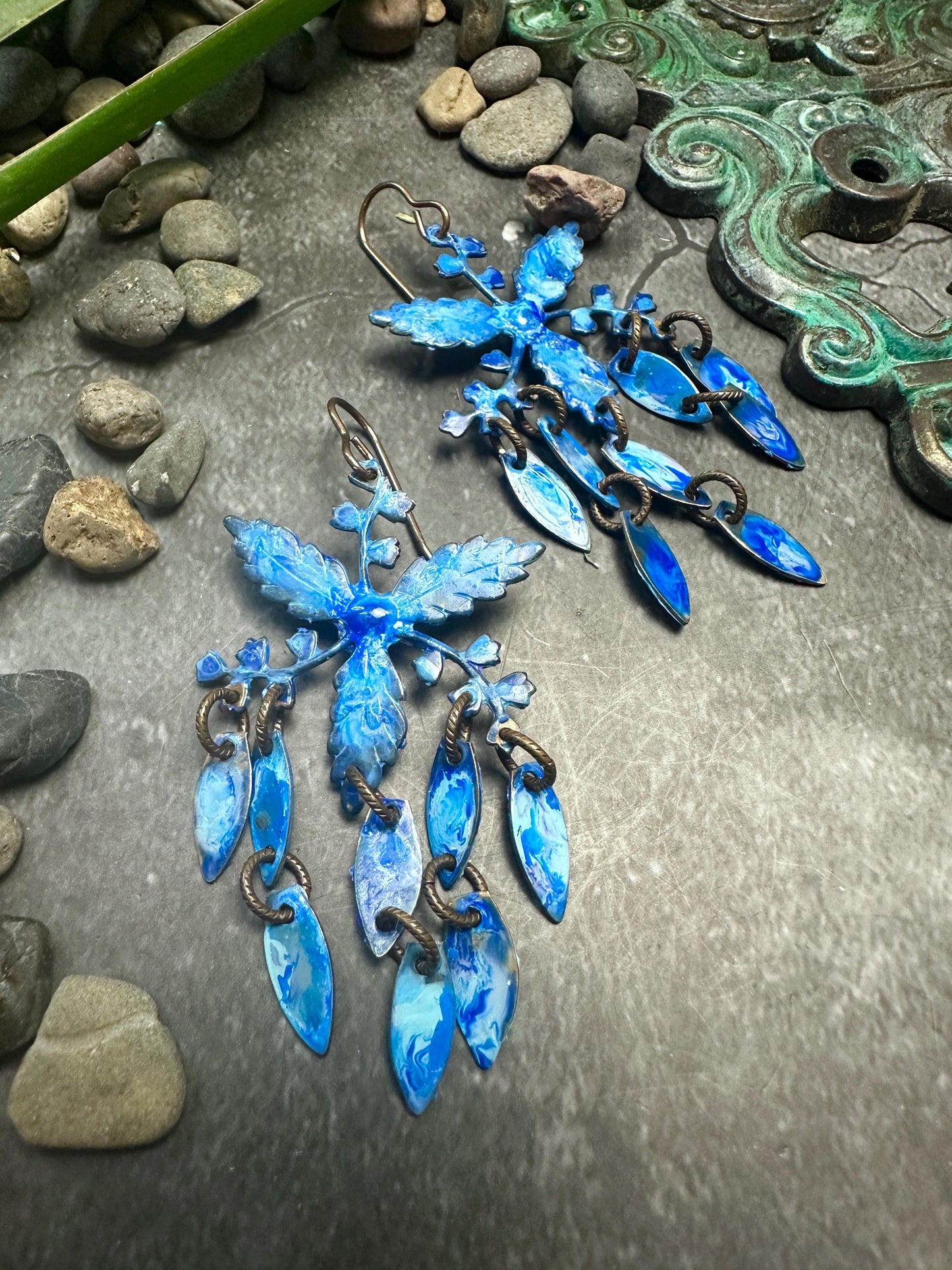 Wisteria Petals Earrings- Handmade Beaten Solid Brass - Blue Patina