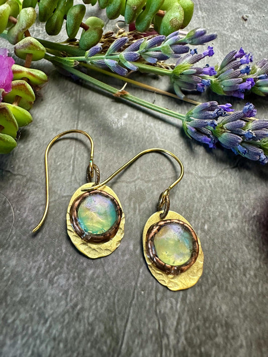 Gleaming Pool Earrings- Handmade Beaten Brass with Hand Colored Iridescent Resin