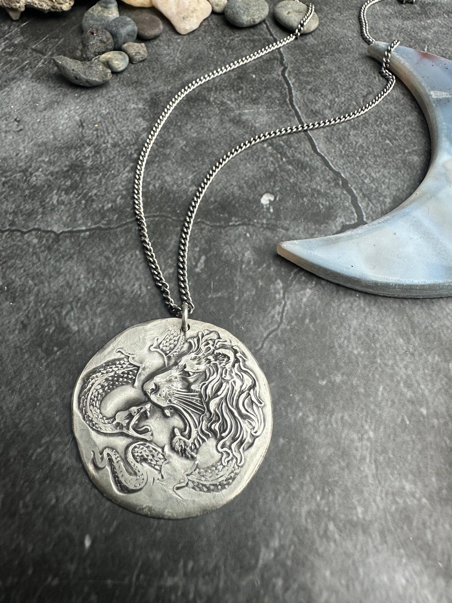 Lion & Snake Amulet Coin Medallion Necklace