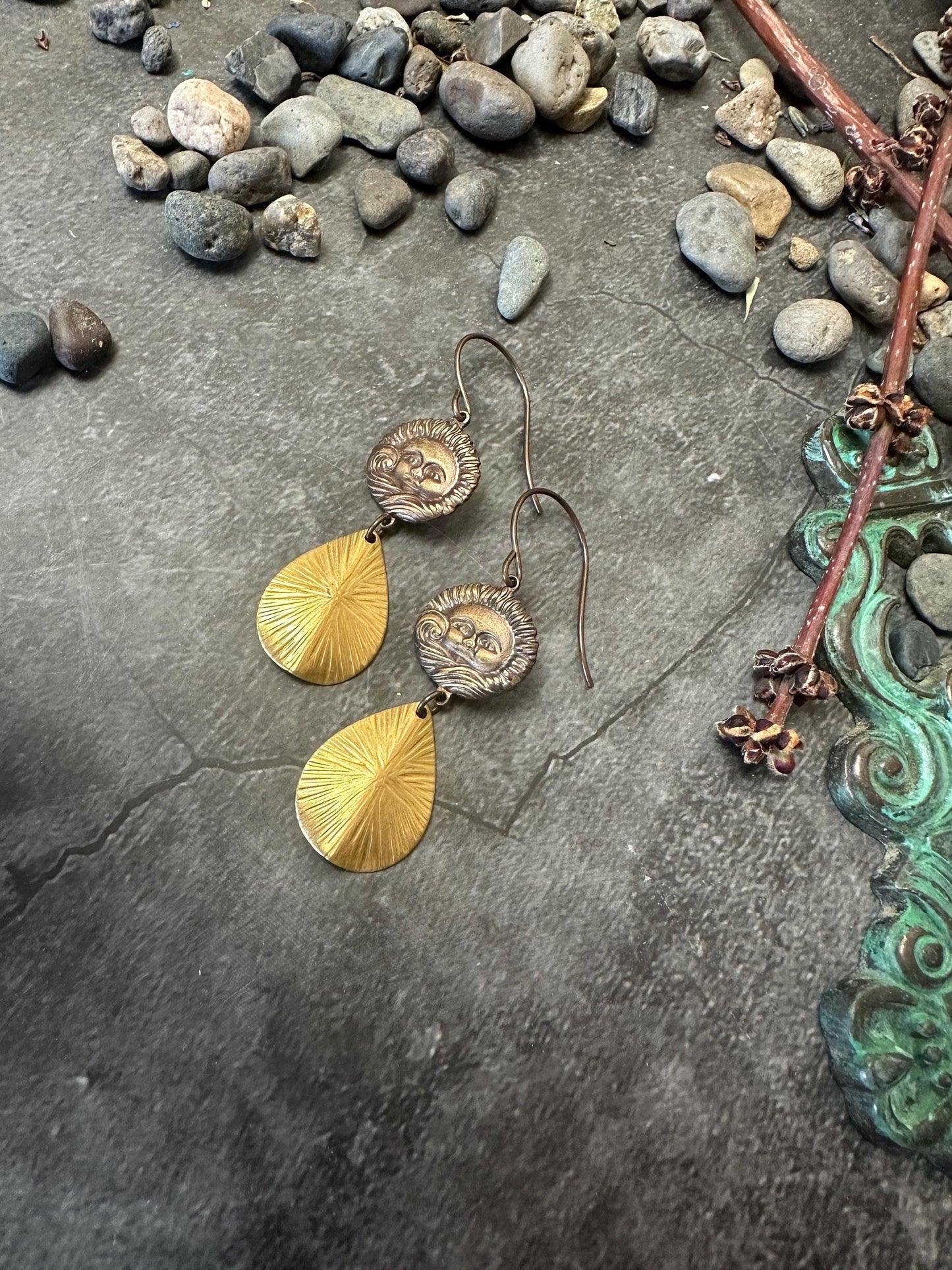 Radiant Sun Waves Teardrop Earrings - Handmade Solid Brass