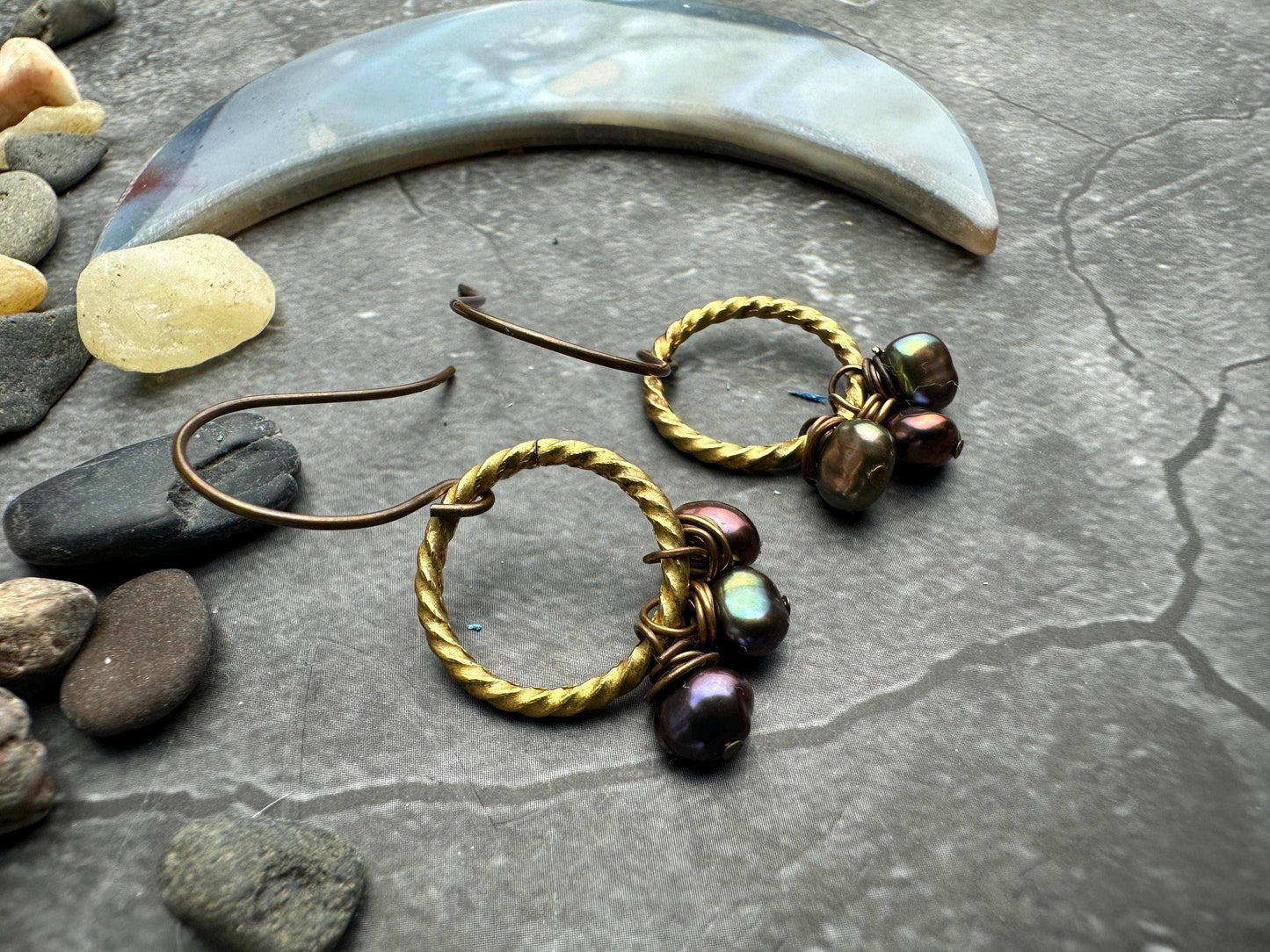Peacock Pebble Earrings- Solid Brass Fresh water Pearl
