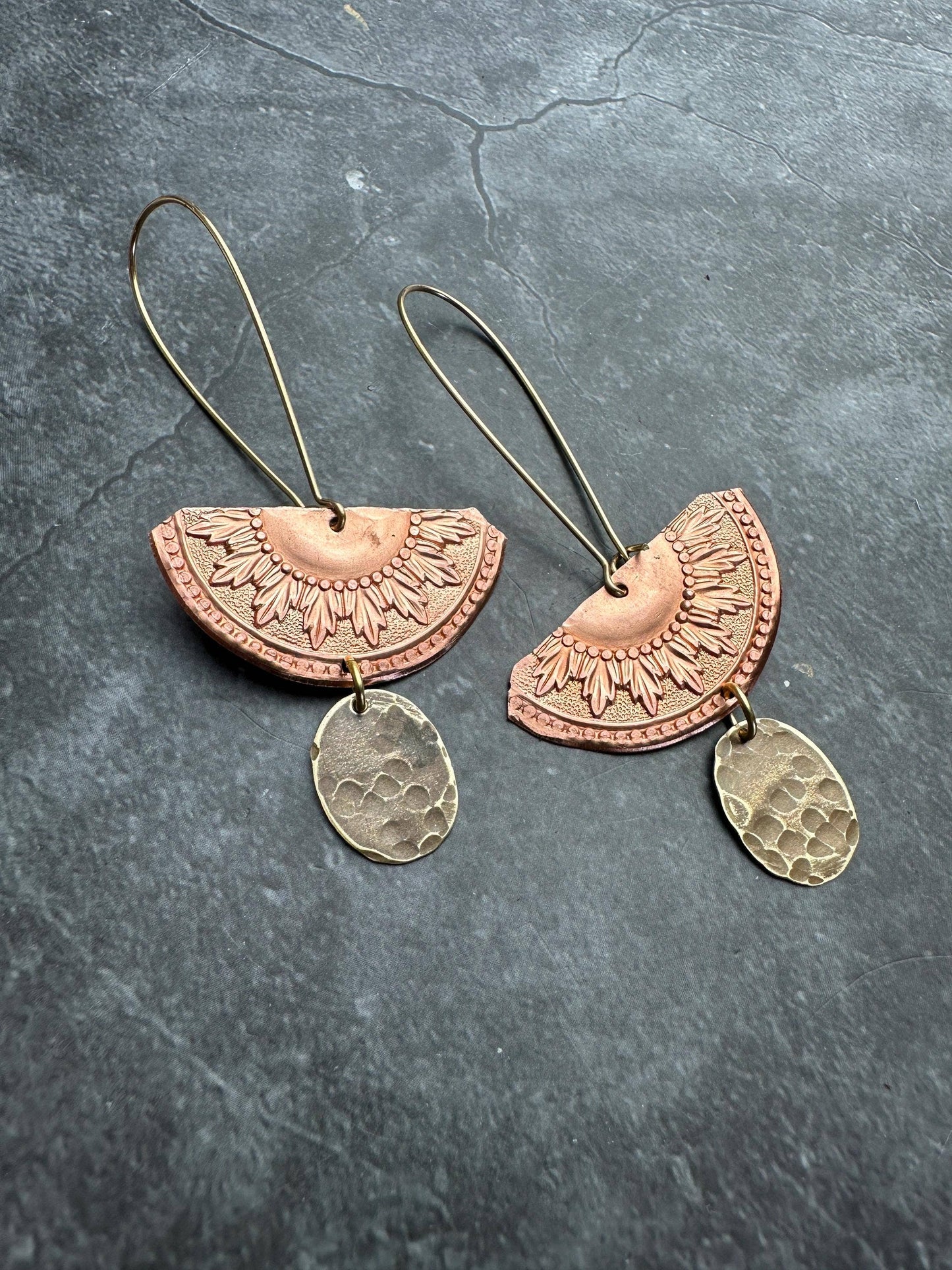 Ancient Sun Earrings - Hammered Copper & Brass