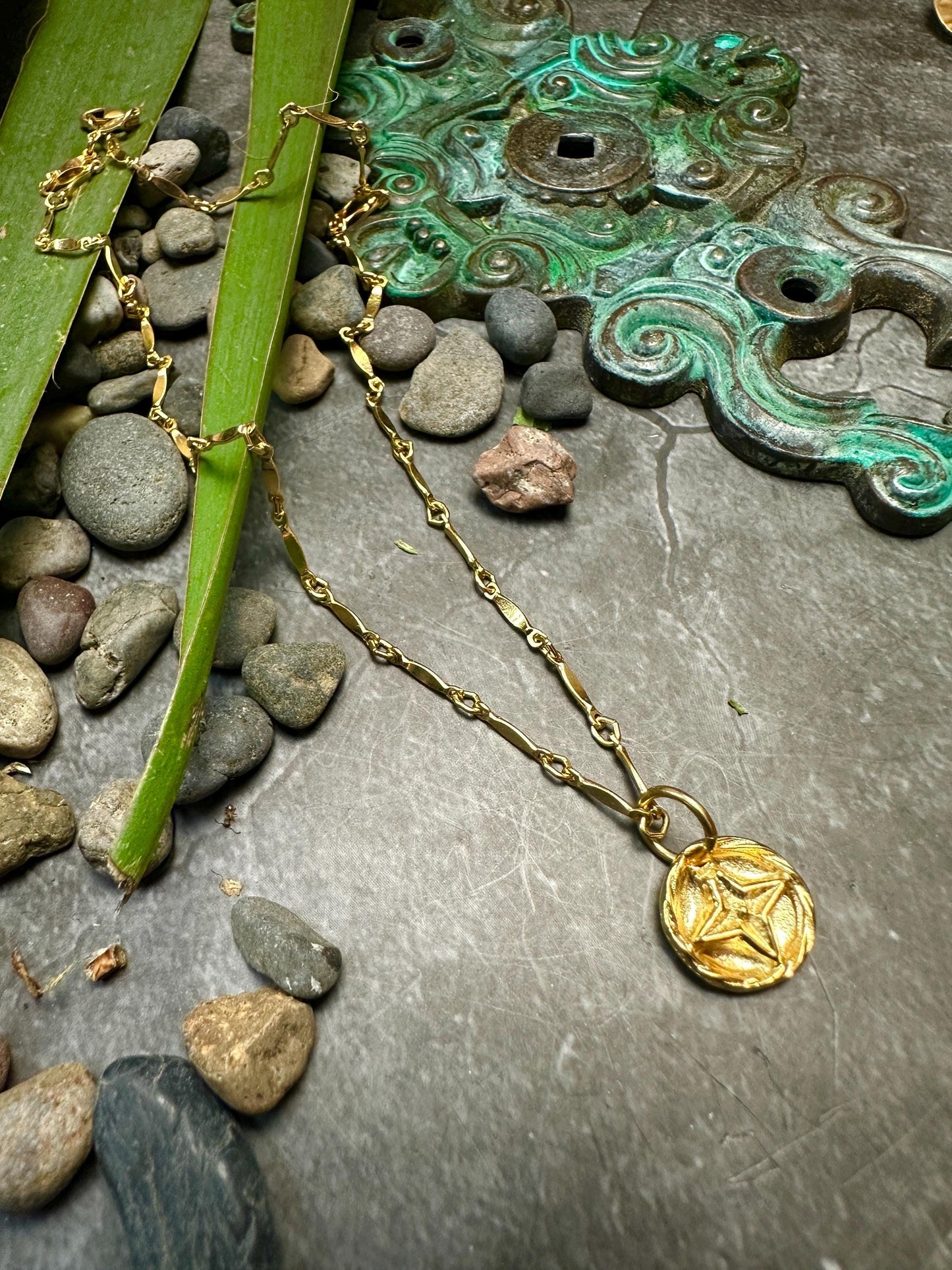 Nautical Star Charm Necklace - Handmade 10k Gold over Pewter