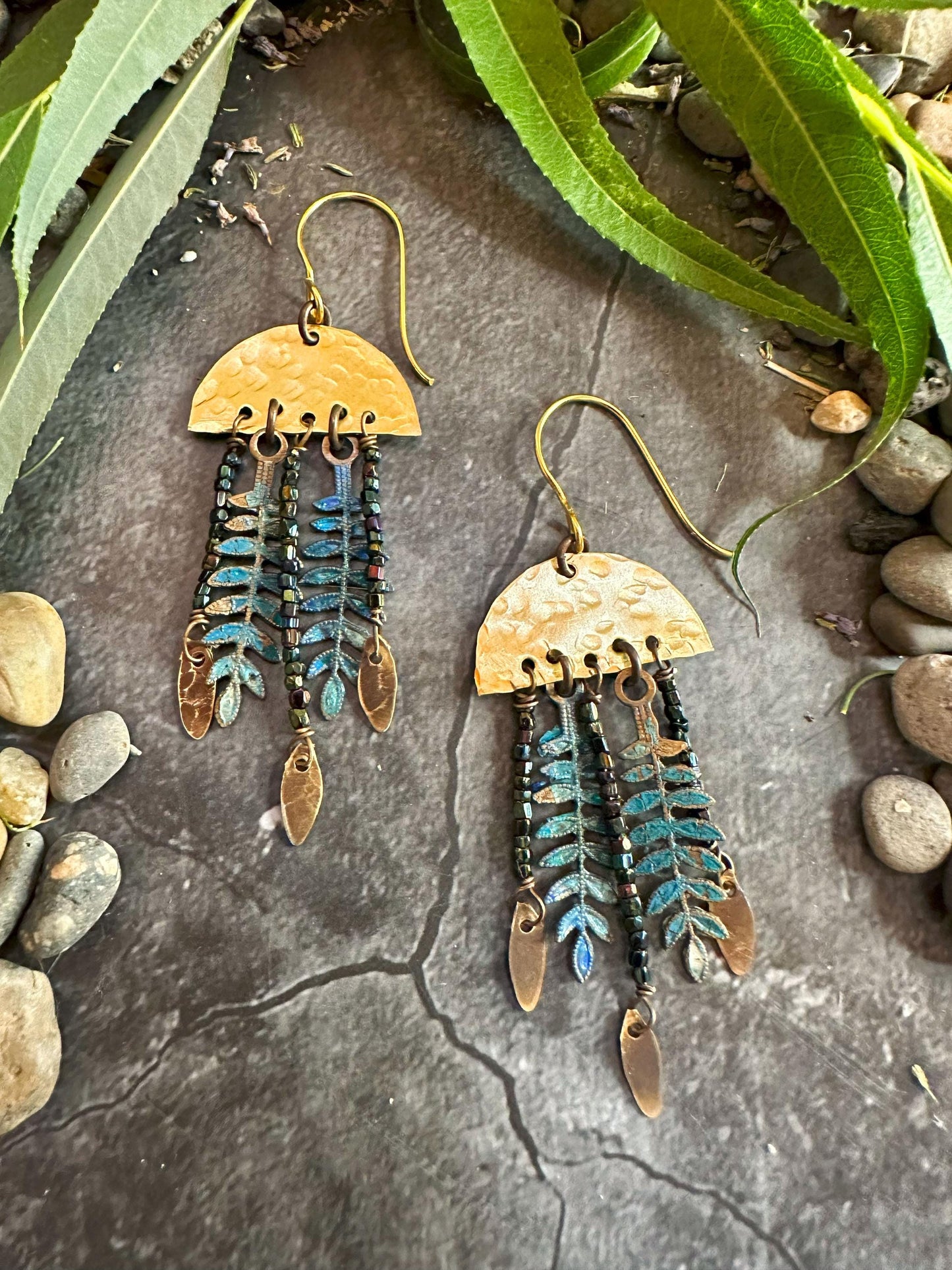Midnight Fern Fringe Earrings - Handmade Solid Beaten Brass Beaded Hand Patina