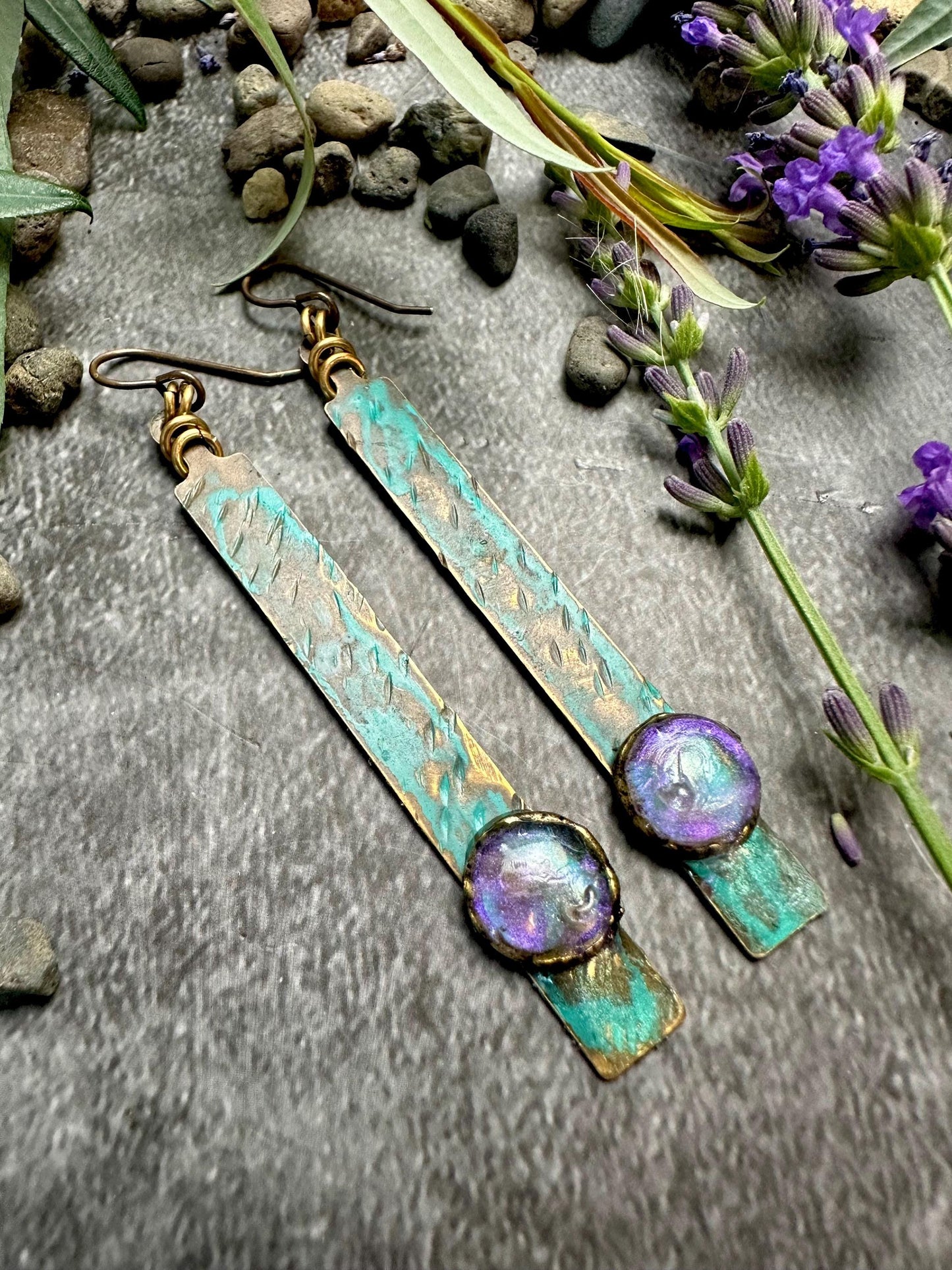 Gleaming Pool Rectangle Earrings- Handmade Beaten Brass with Hand Colored Iridescent Resin