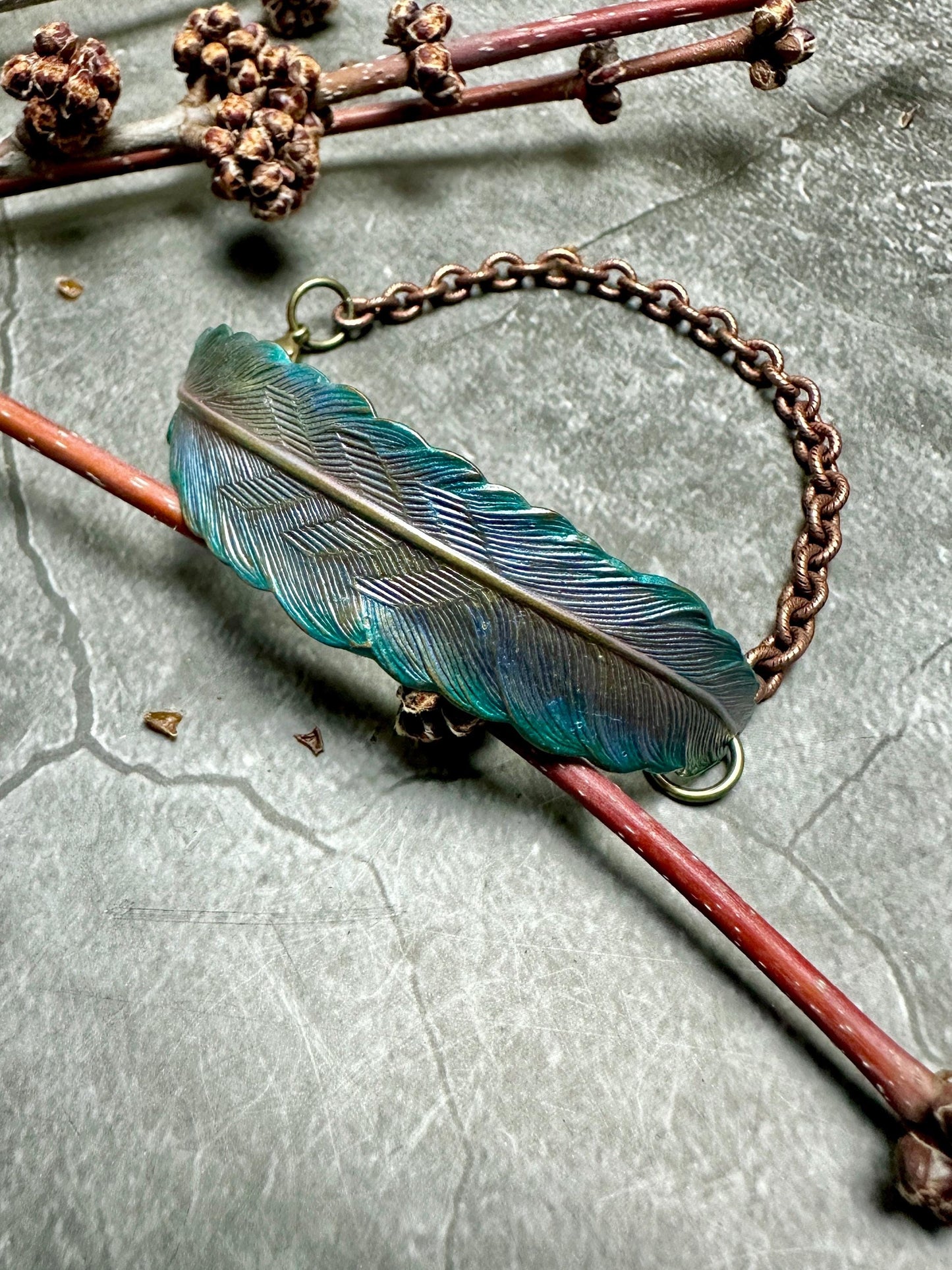 Iridescent Feather Bracelet - Handmade Solid Brass & Hand Patina