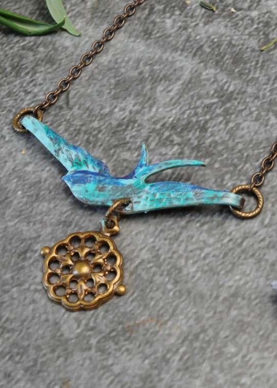 Compass Sparrow Necklace - Handmade Hand Patina Finish