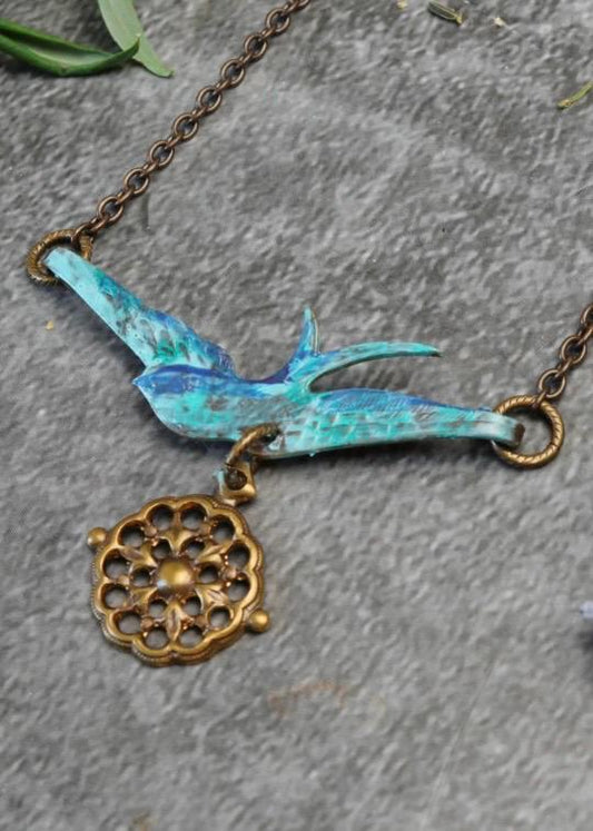 Compass Sparrow Necklace - Handmade Hand Patina Finish