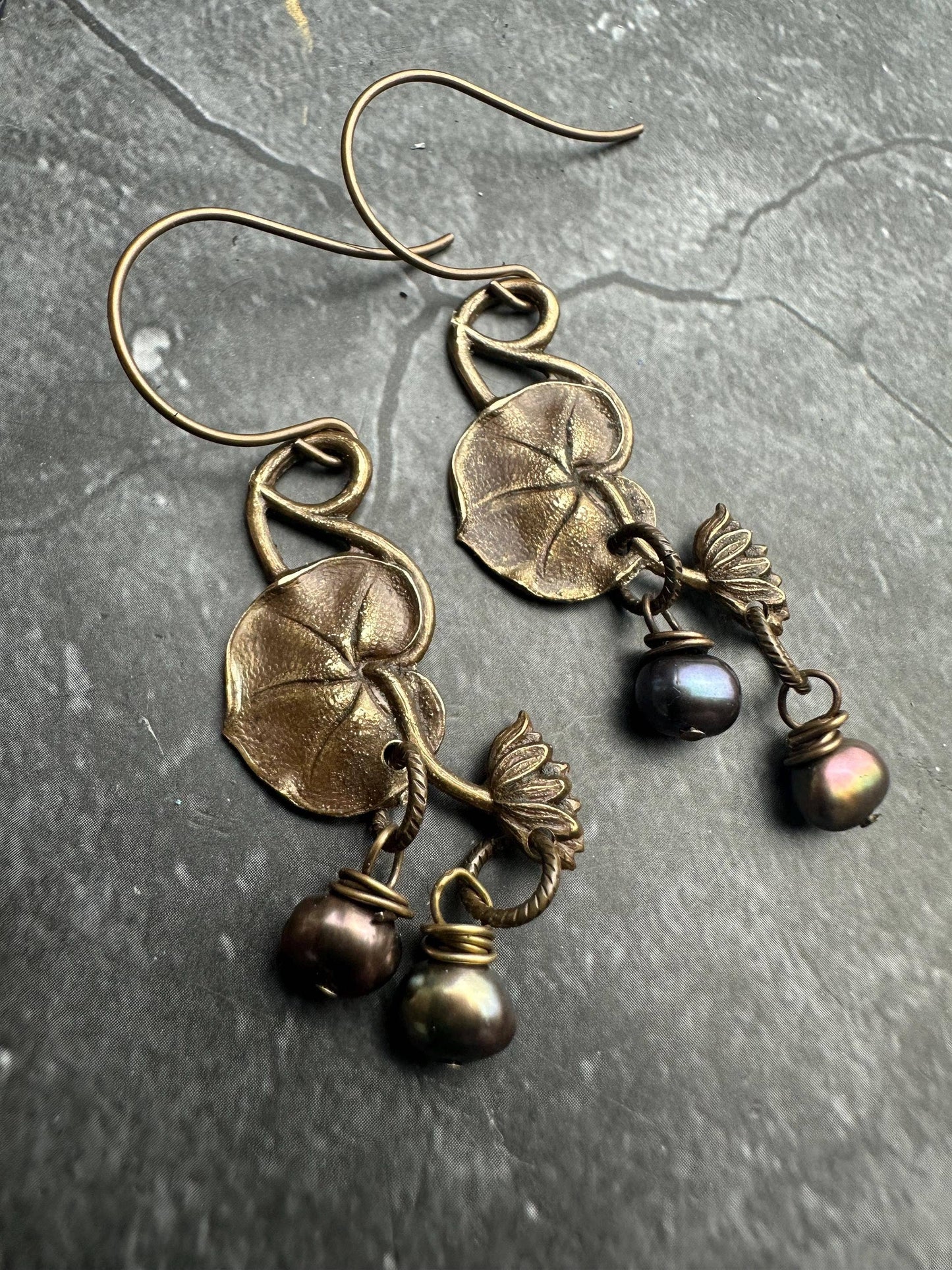 Lily Pad Leaf Lotus Pearl Earrings - Handcrafted Brass