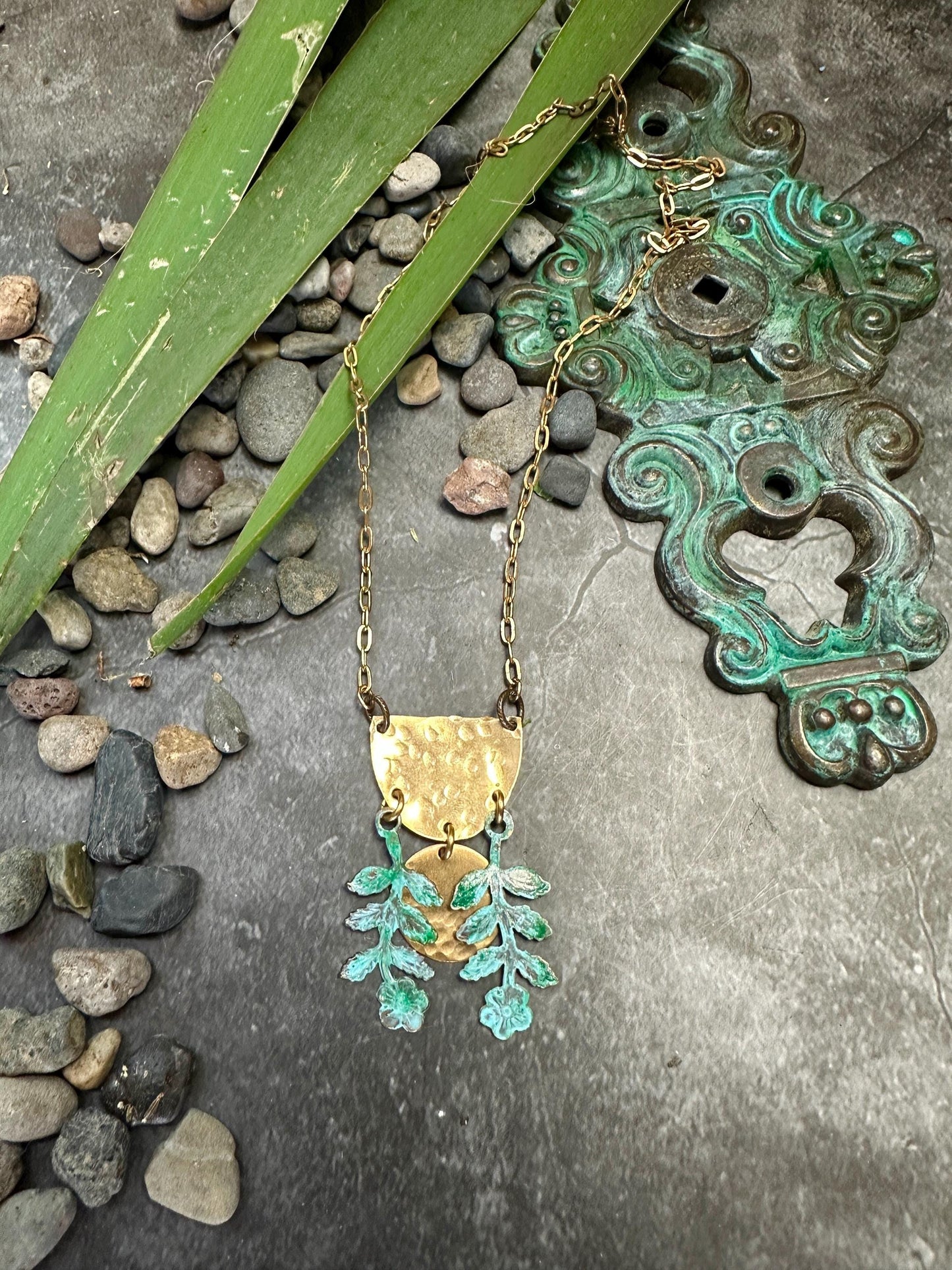 Moon Flower Necklace- Hand Hammered Solid Brass, Hand Patina- 16in