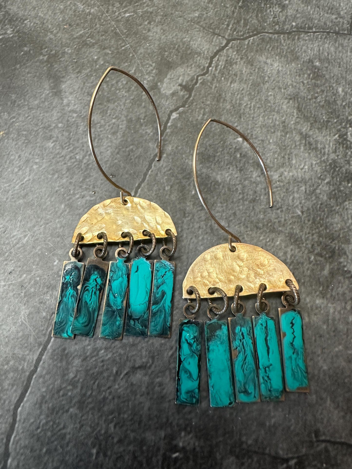 Geometric Fringe Earrings - Handmade Solid Hammered Brass Green Blue Hand Enamel