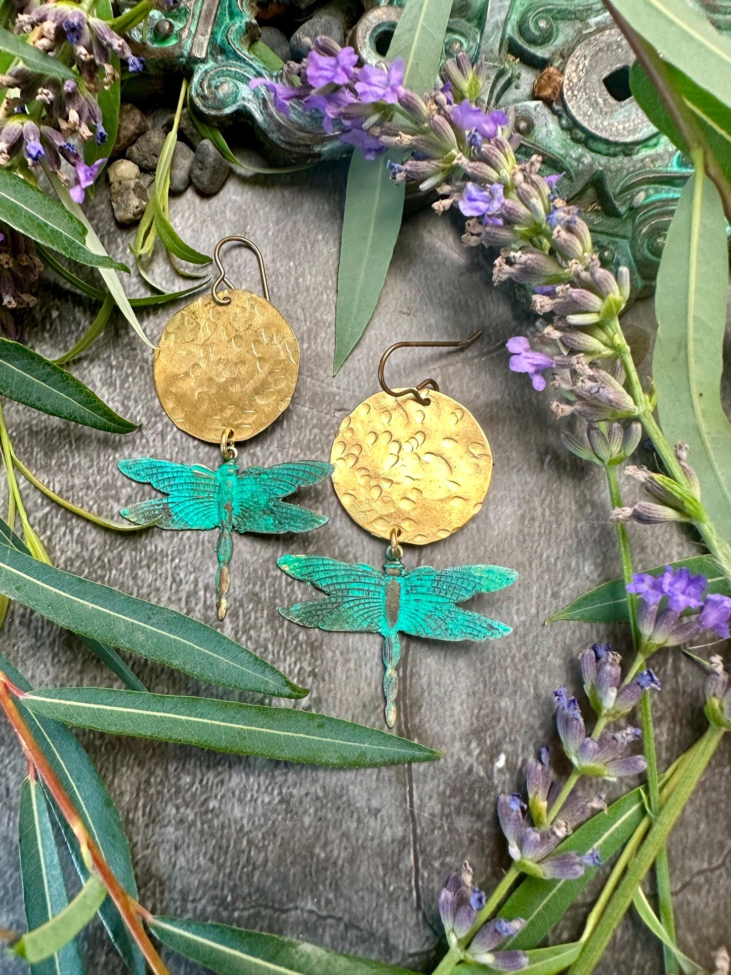 Dragonfly Sun Earrings- Handmade Solid Beaten Brass Hand Patina