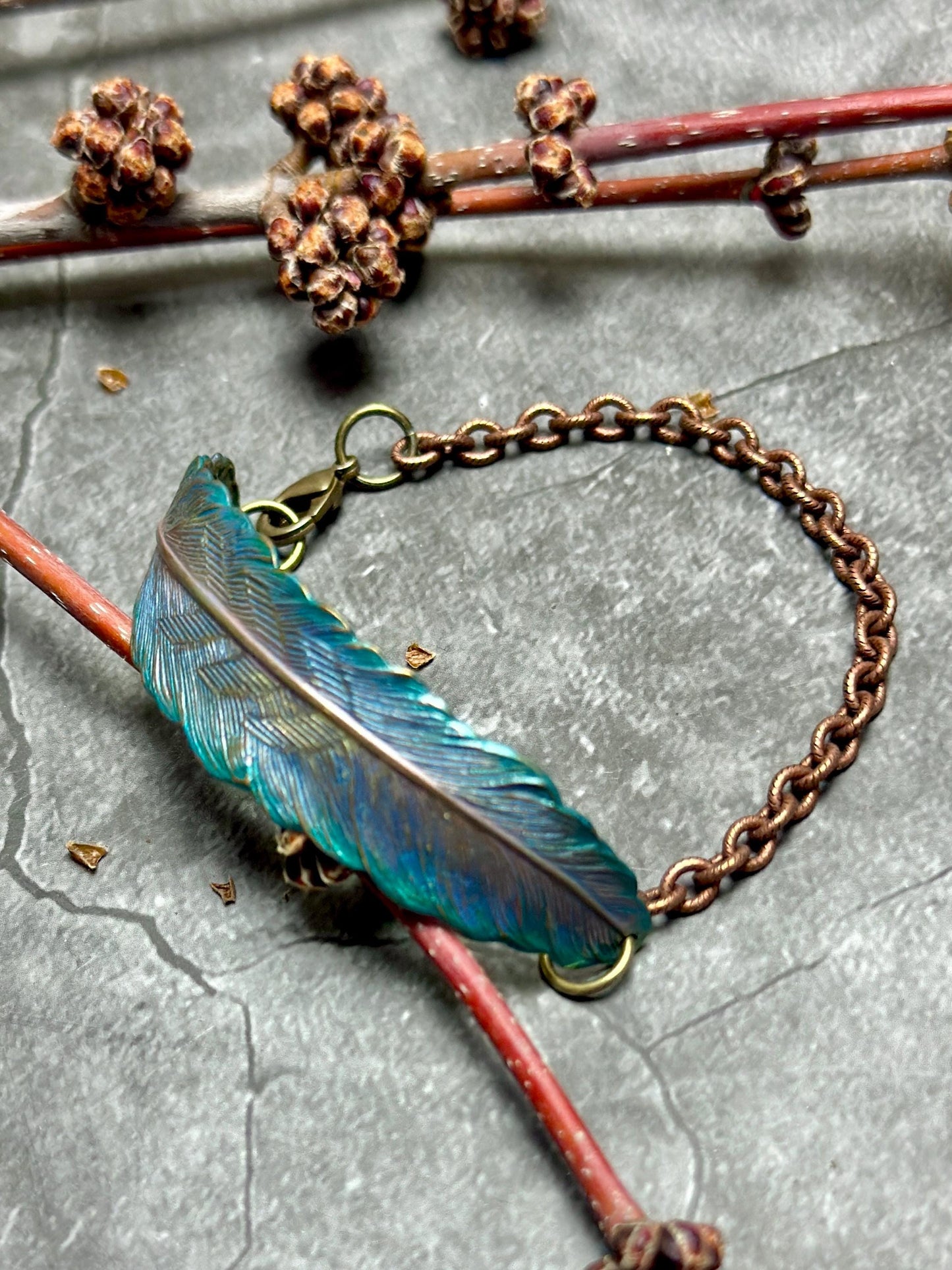 Iridescent Feather Bracelet - Handmade Solid Brass & Hand Patina