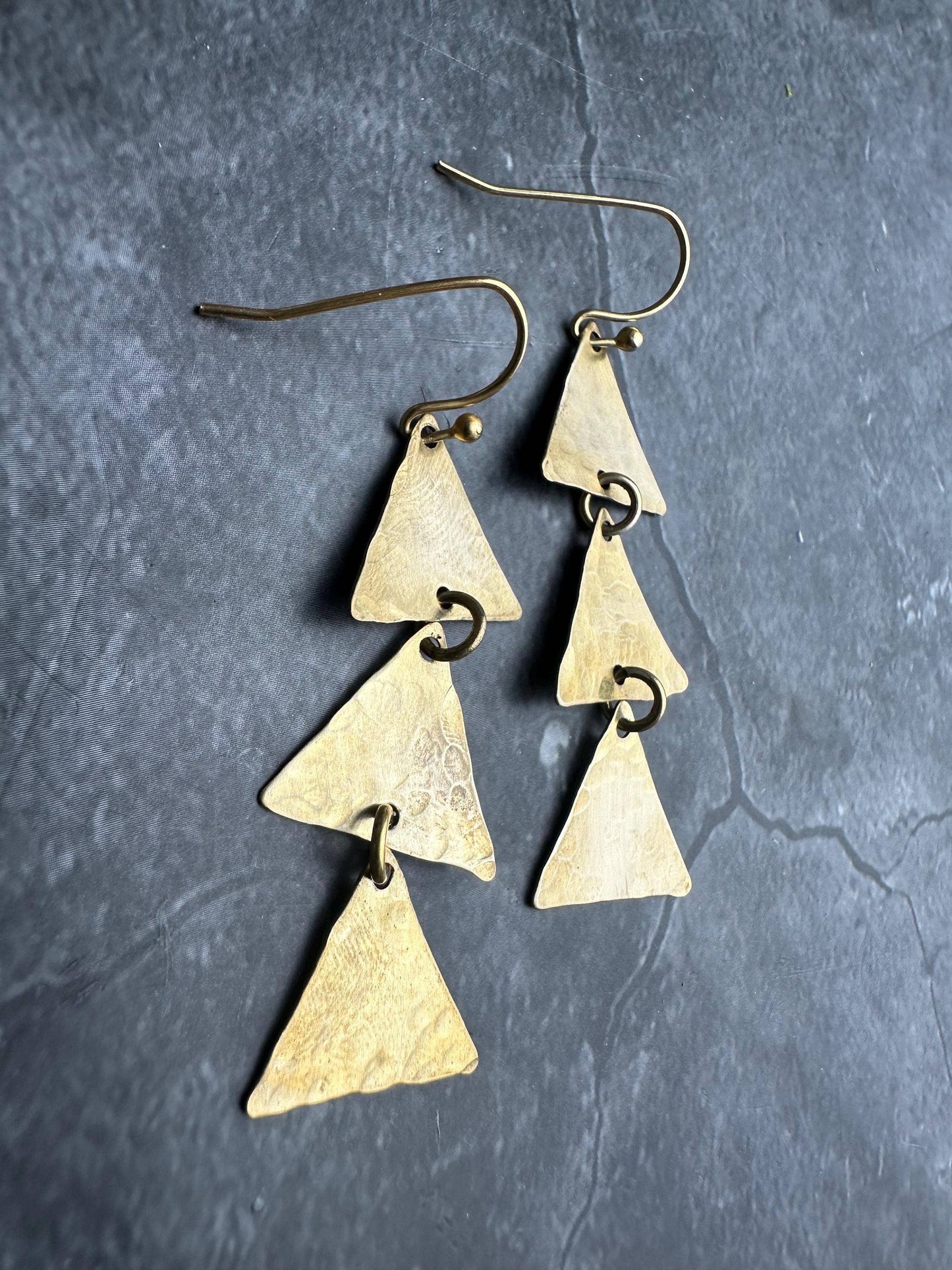 Triple Triangle Earrings - Hammered Brass Geometric Dangle