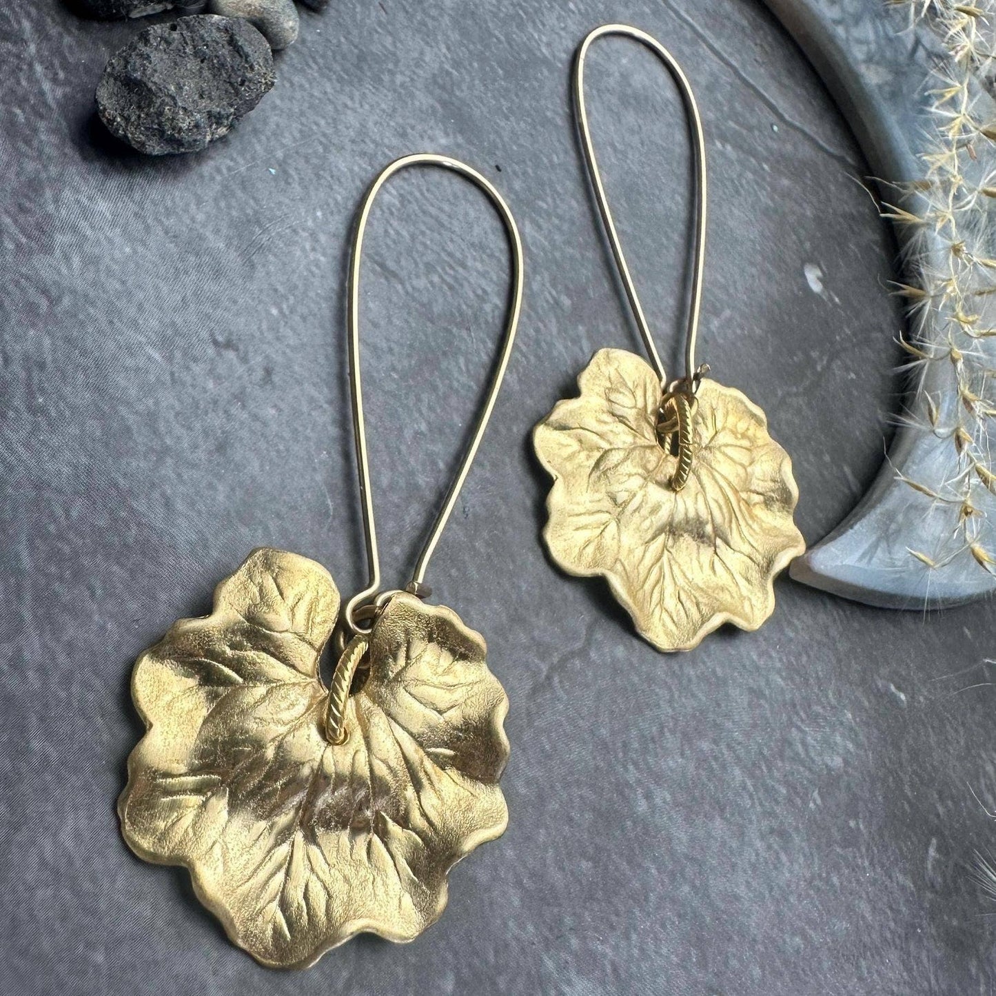 Leaf Dangle Earrings - Vintage Inspired Bohemian Solid Brass