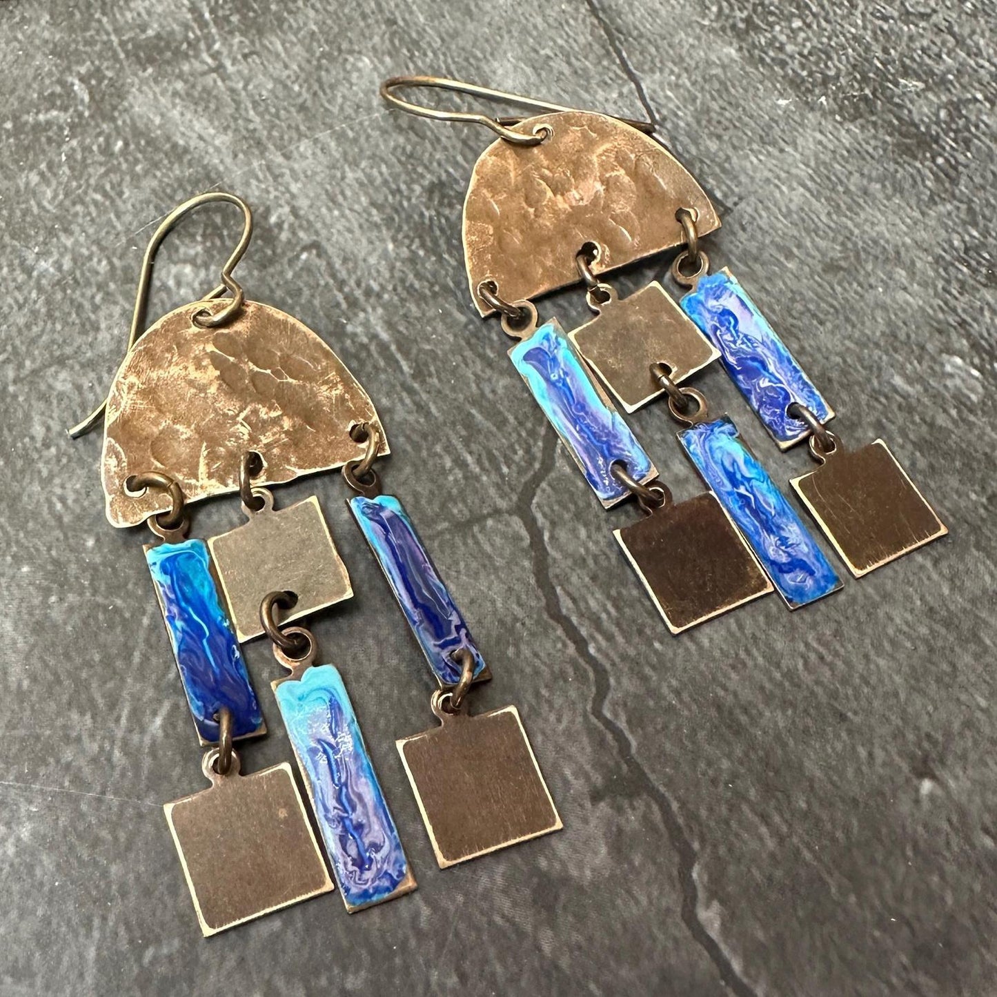 Geometric Dangle Earrings - Handmade Solid Hammered Brass Blue Hand Enamel