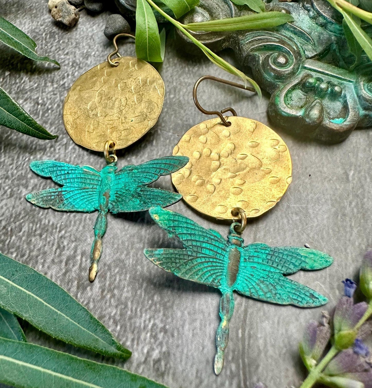 Dragonfly Sun Earrings- Handmade Solid Beaten Brass Hand Patina