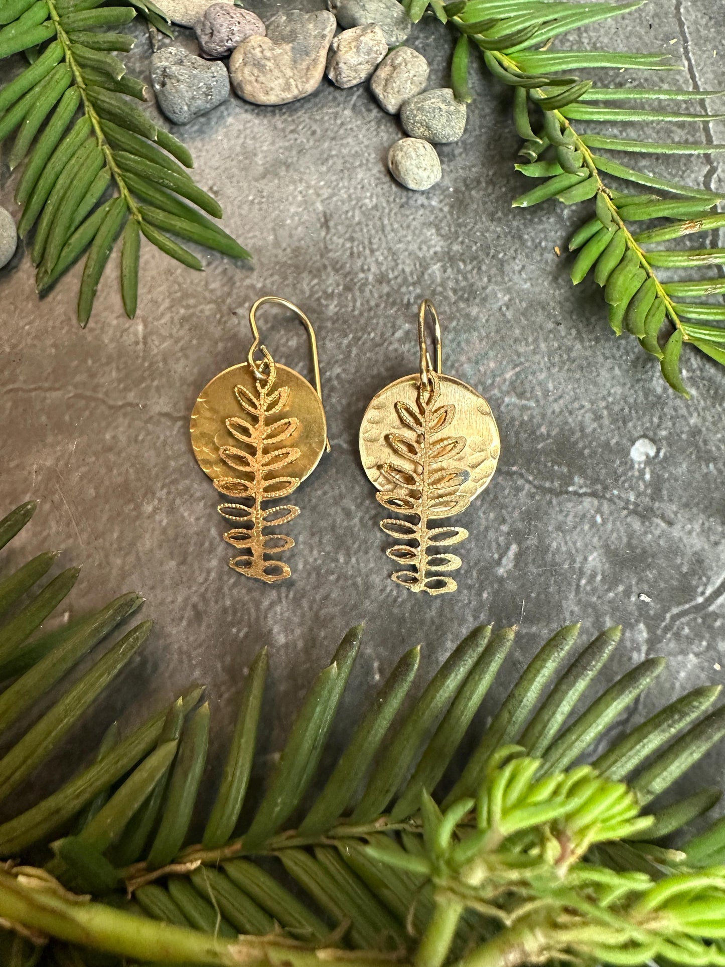 Fern Moon Earrings - Handmade Solid Hammered Brass