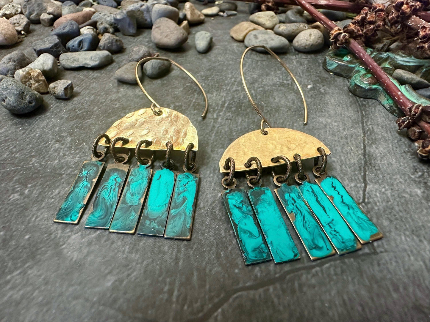Geometric Fringe Earrings - Handmade Solid Hammered Brass Green Blue Hand Enamel
