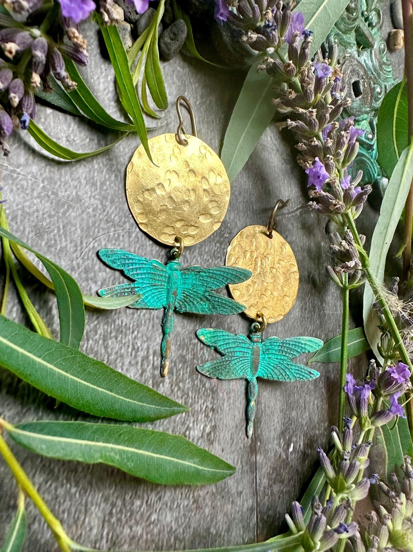Dragonfly Sun Earrings- Handmade Solid Beaten Brass Hand Patina