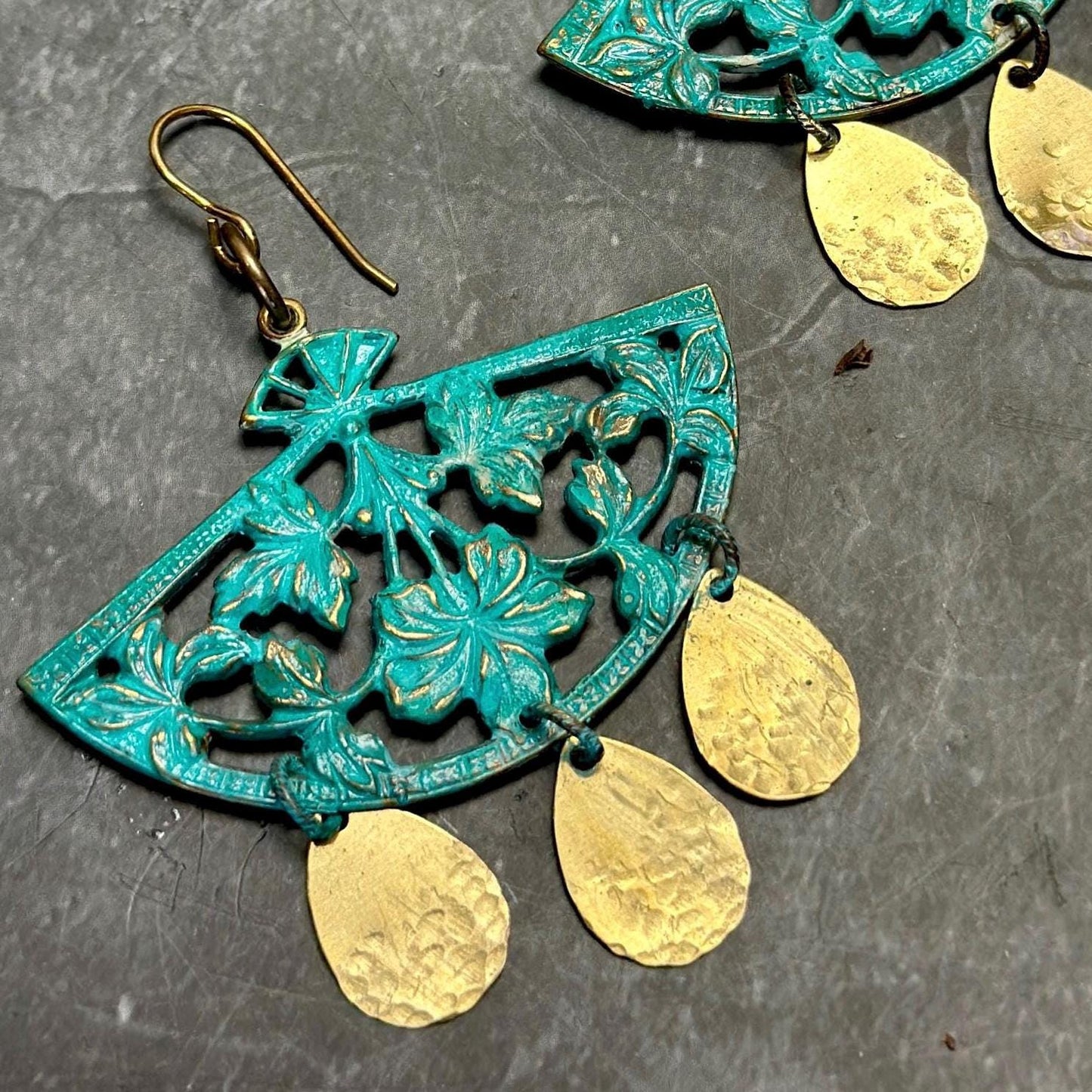Dynasty Bloom Earrings- Handmade Beaten Solid Brass Verdigris