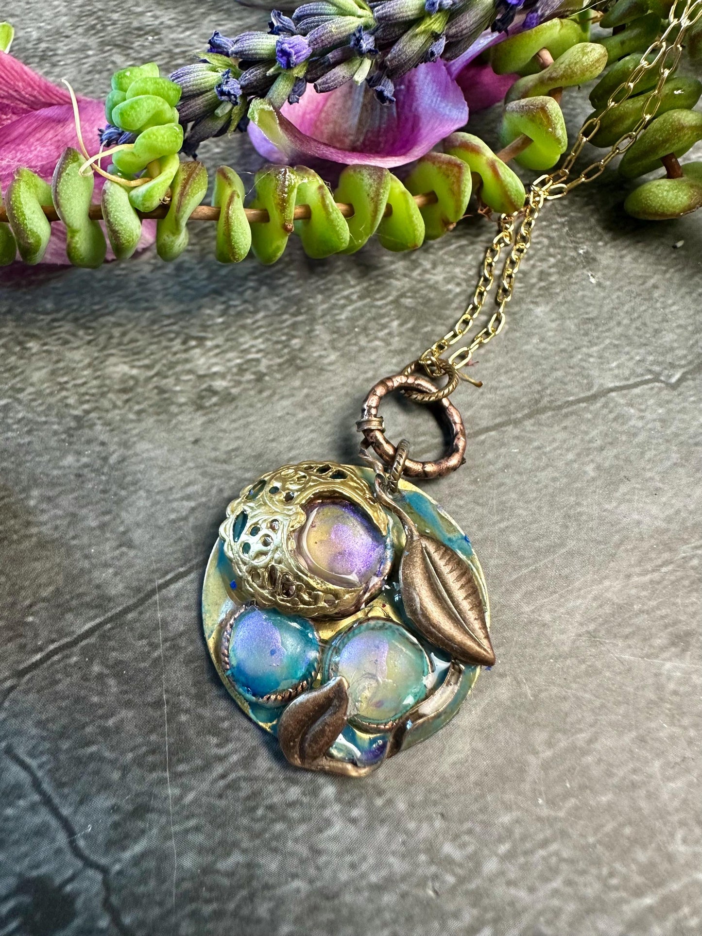 Moon Garden Necklace - Hand Patina Brass Hand colored Iridescent Resin