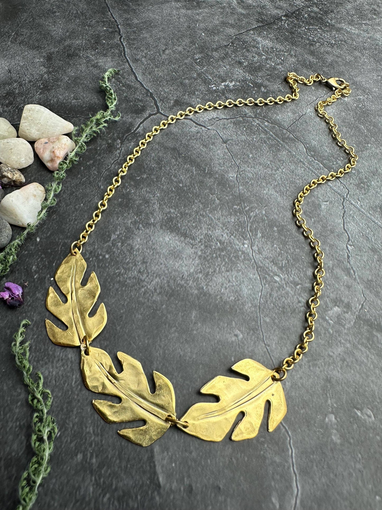 Monstera Leaf Necklace, Botanical Statement , Brass Nature C