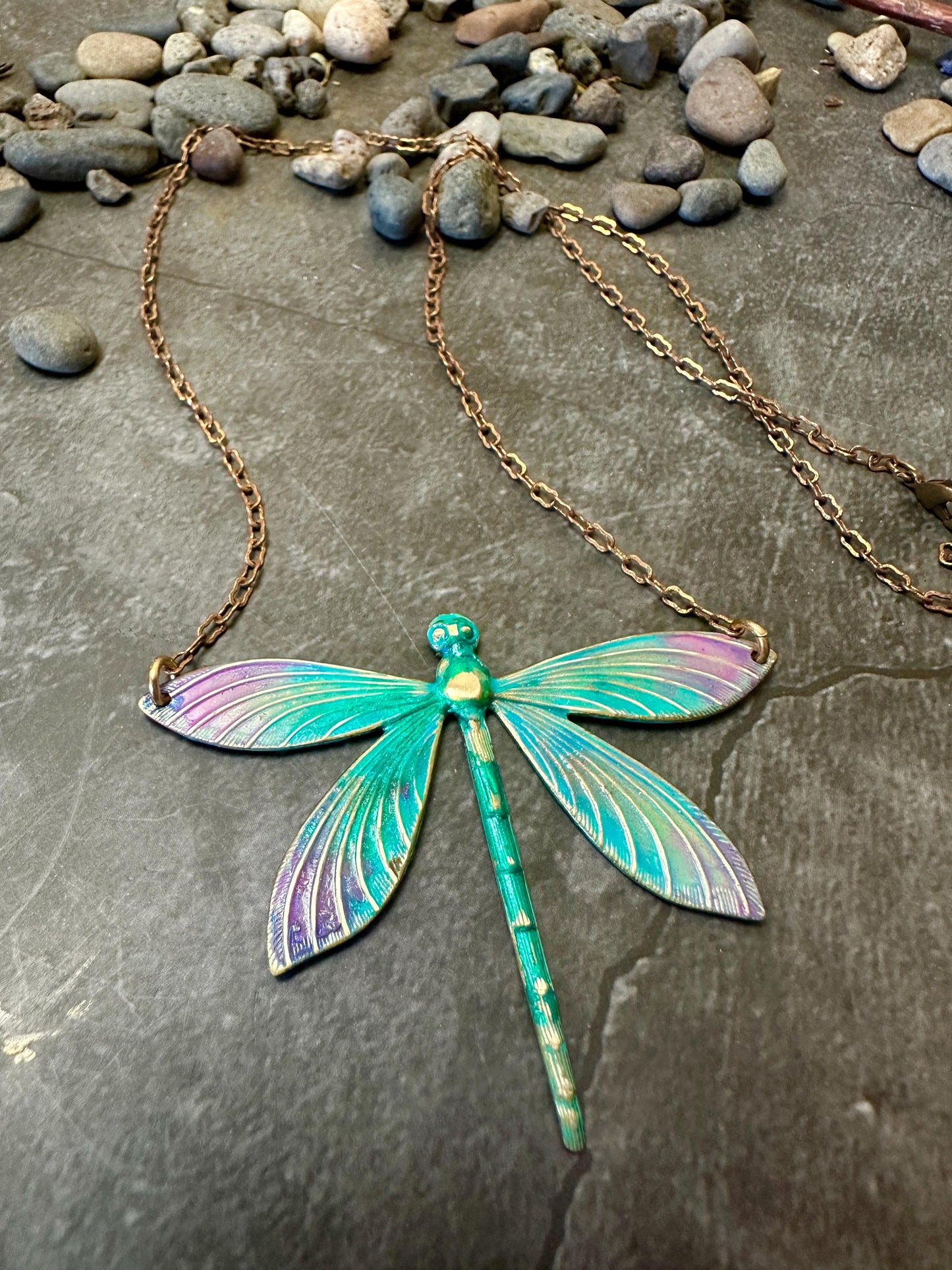 Enamel Dragonfly Necklace - Handmade Solid Brass Rainbow Hand Patina