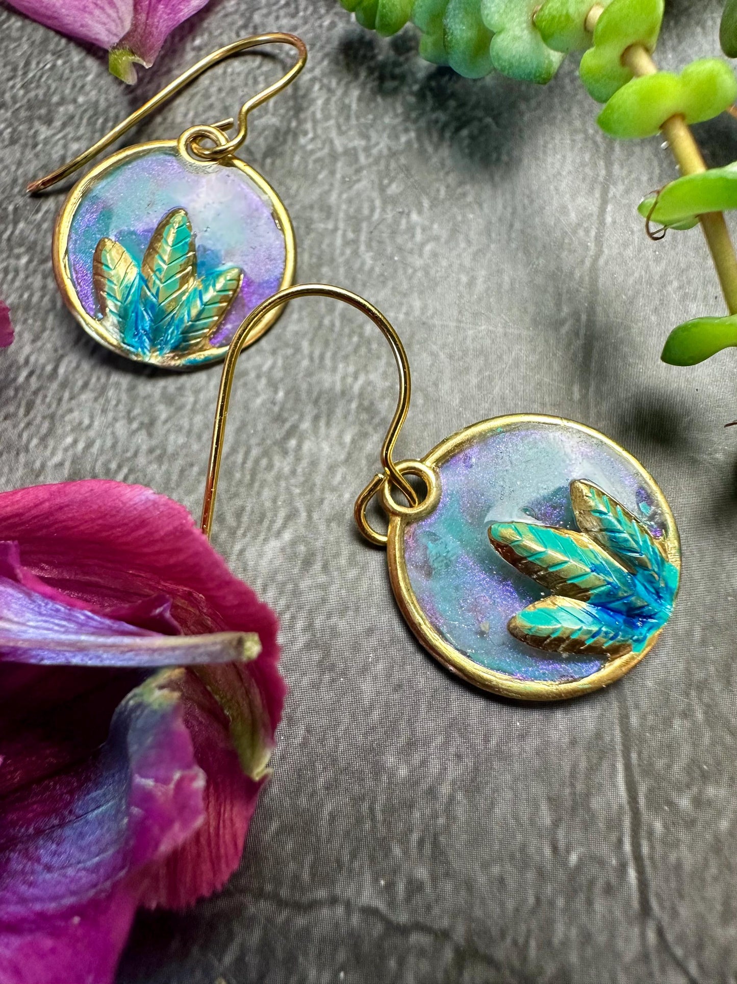 Lotus Leaf Earrings- Handmade Iridescent Patina Hand Colored Resin- pink