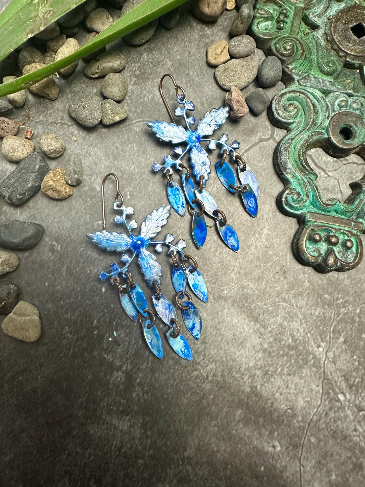 Wisteria Petals Earrings- Handmade Beaten Solid Brass - Blue Patina