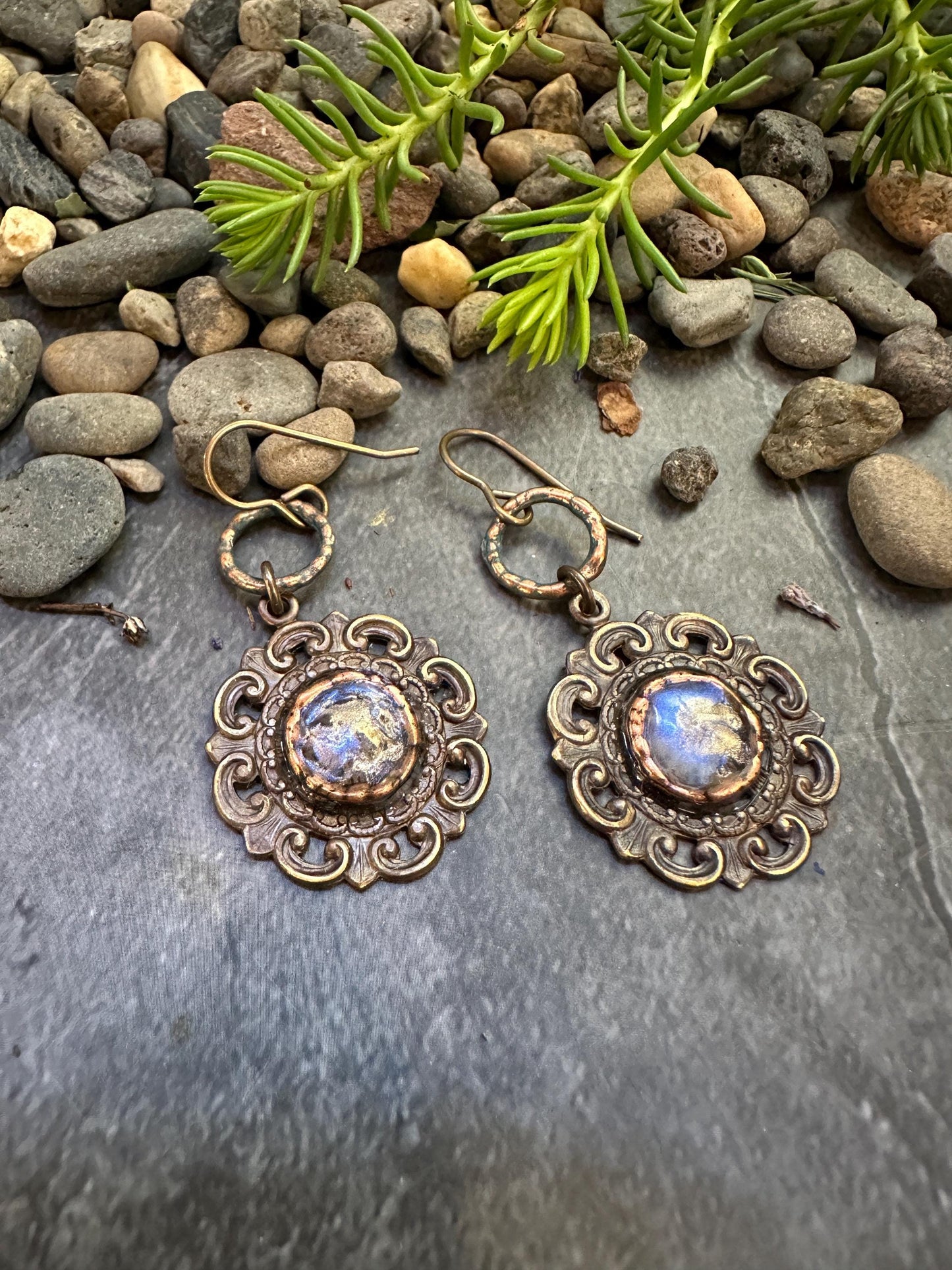 Dewdrop Garden Earrings- Handmade Solid Beaten Brass Iridescent Hand Patina