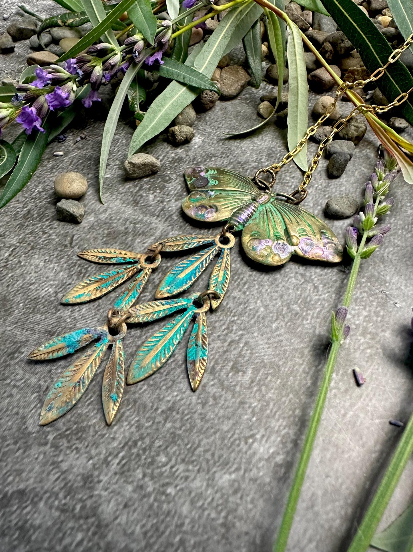 Butterfly Palm Leaf Necklace - Handmade Solid Brass Iridescent Resin Hand Patina
